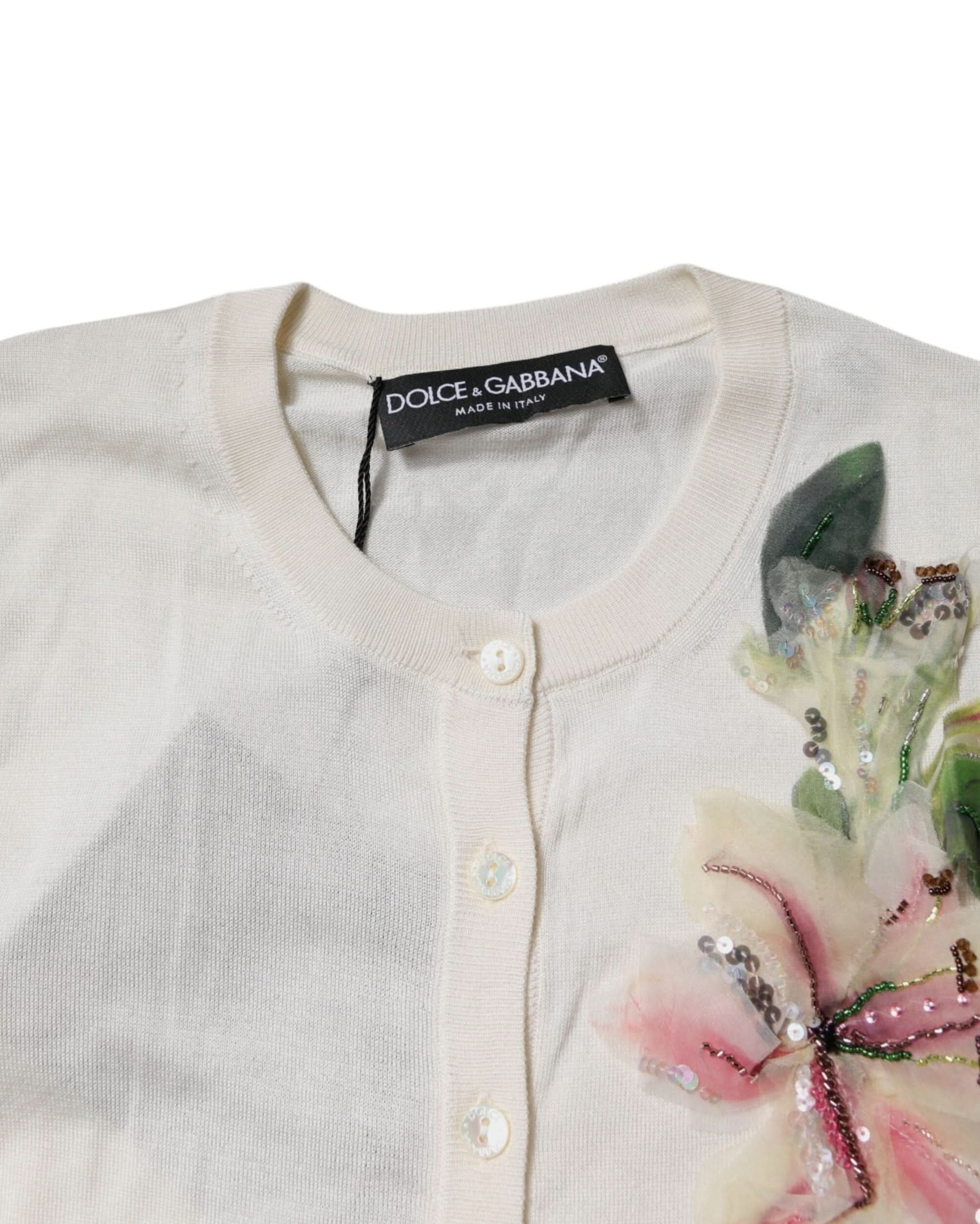 Dolce & Gabbana Silk Cream Floral Embellished Cardigan Sweater Cardigans