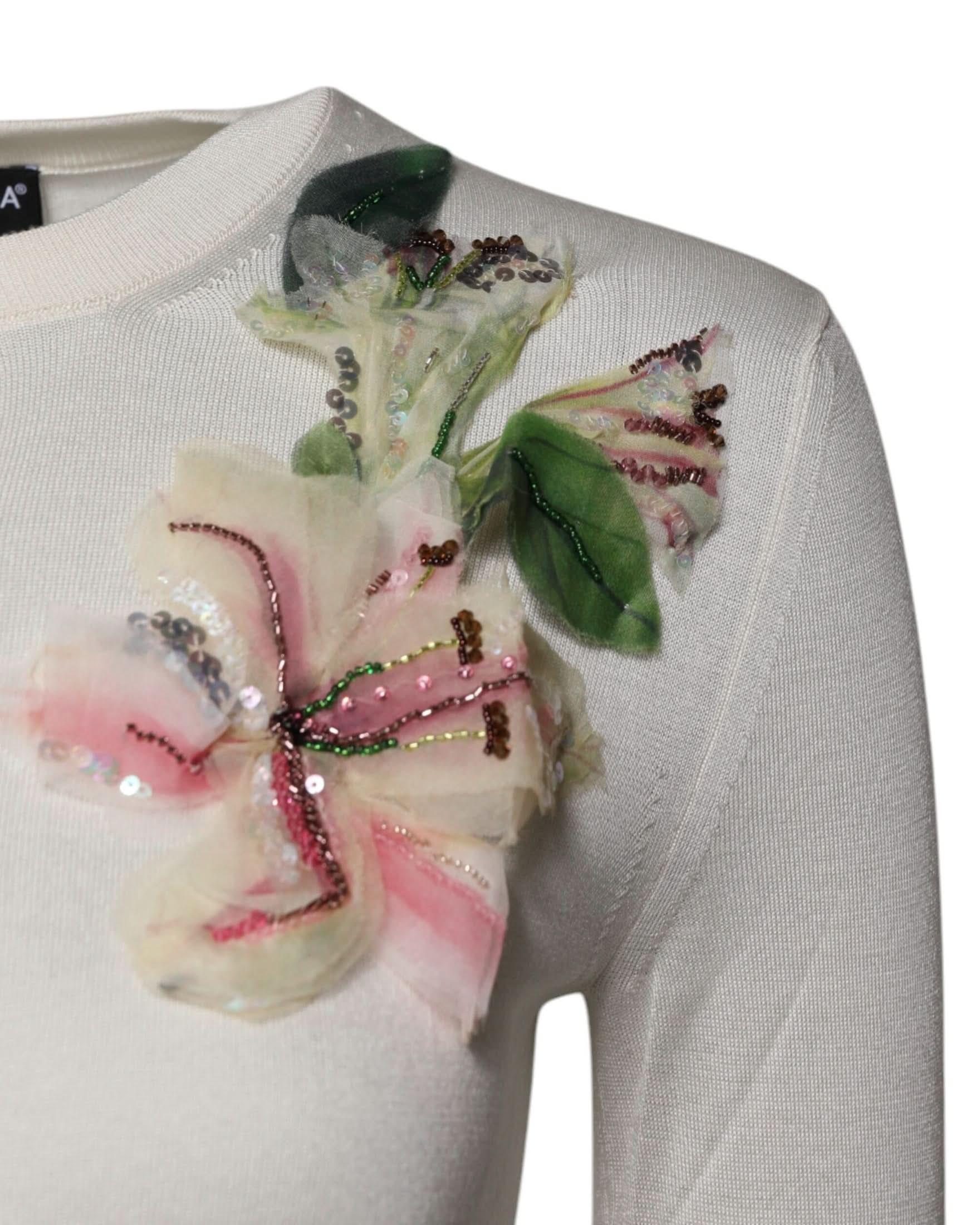 Dolce & Gabbana Silk Cream Floral Embellished Cardigan Sweater Cardigans