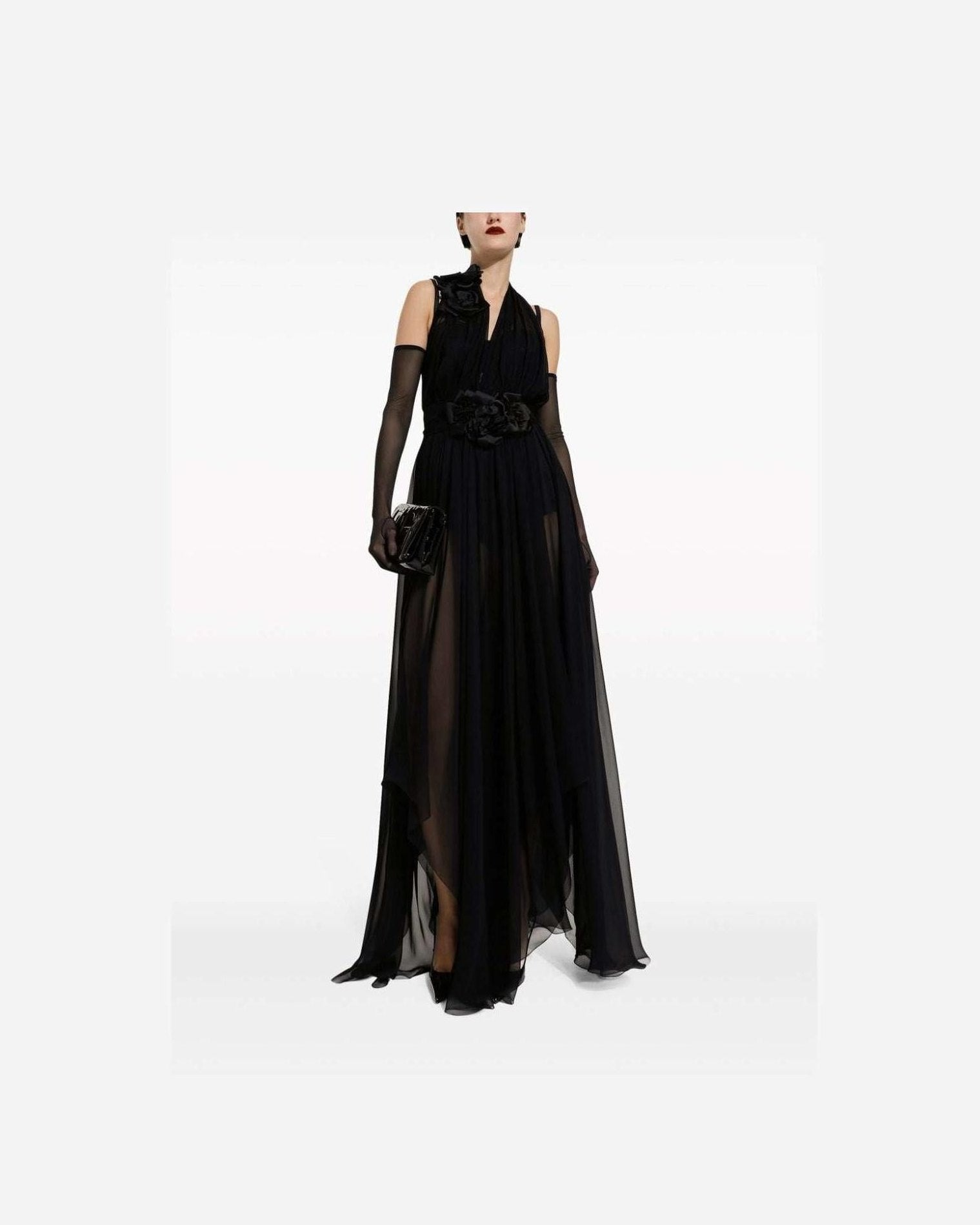 Dolce & Gabbana Silk Long Chiffon Dress with Floral Appliqué Glam Steals