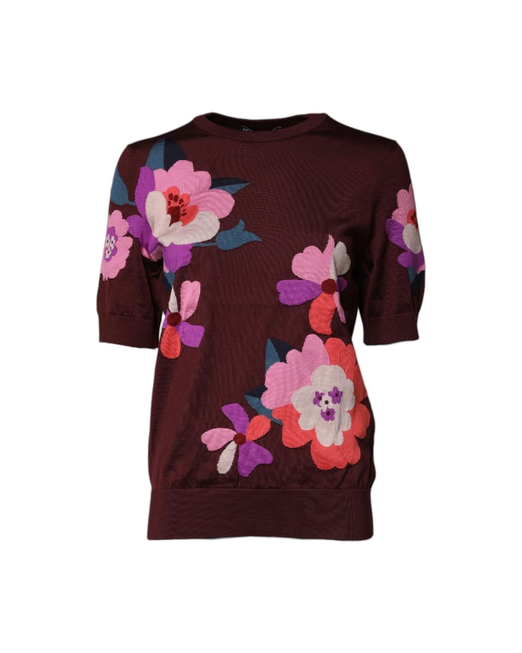 Dolce & Gabbana Silk Maroon Floral Crew Neck Blouse Top Blouses