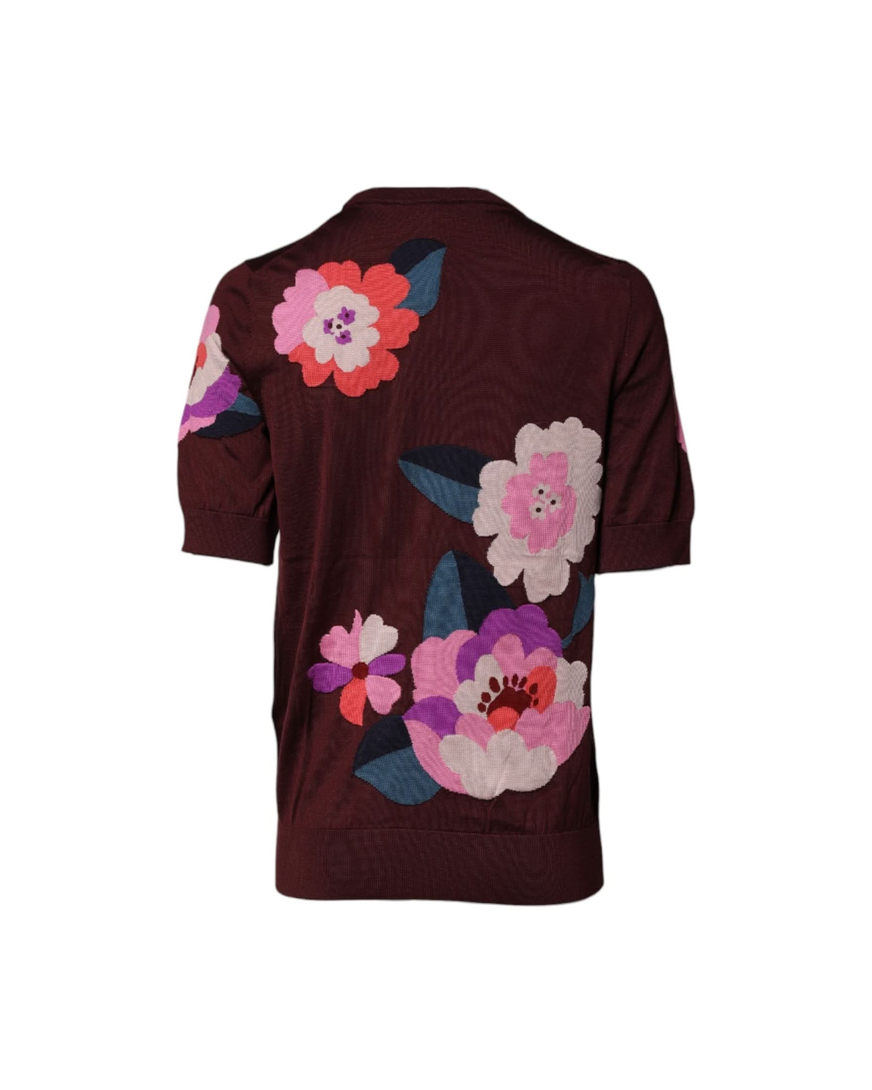 Dolce & Gabbana Silk Maroon Floral Crew Neck Blouse Top Blouses