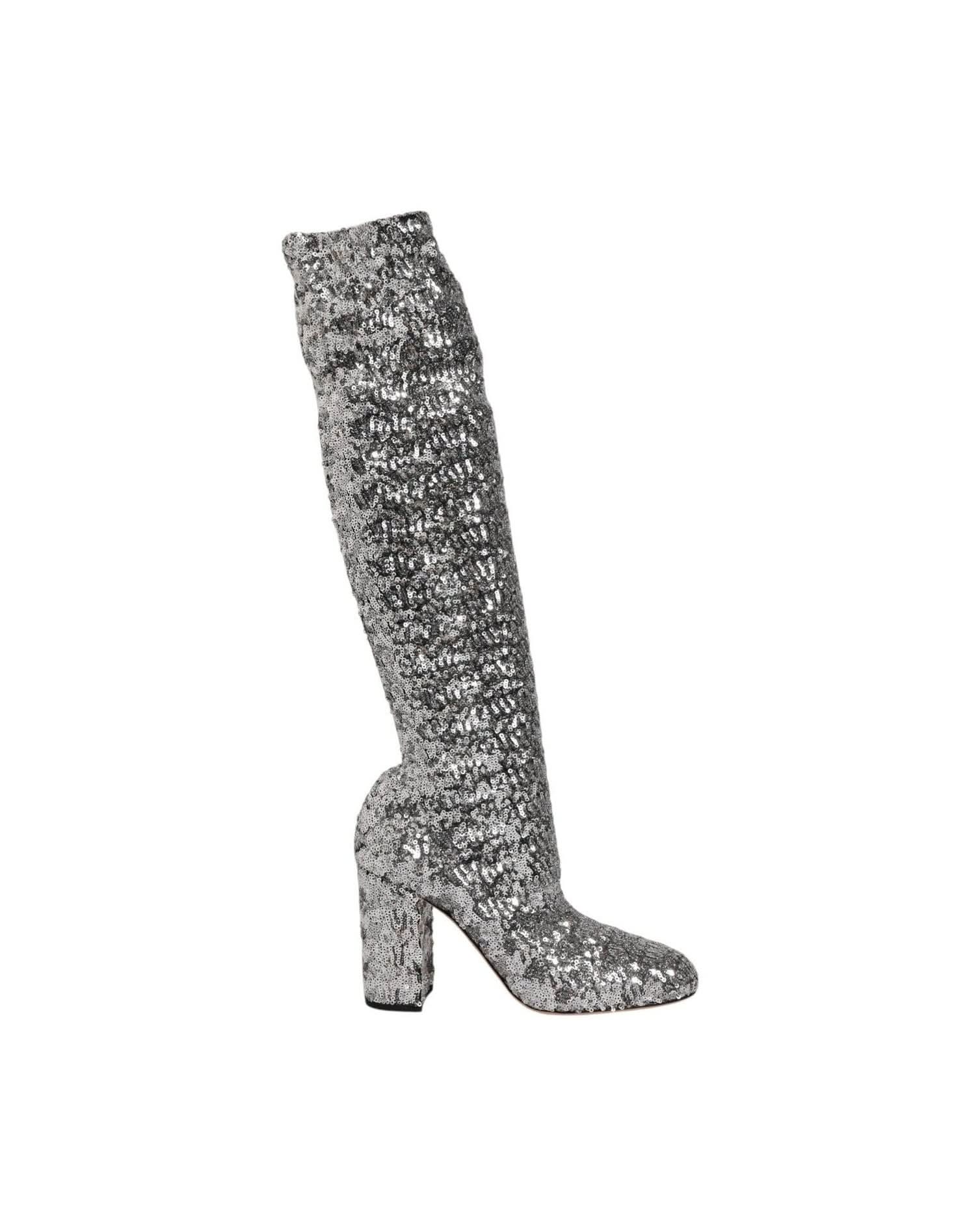 Dolce & Gabbana Silver Shoes Sequins Glitter High Heel Boot Boots