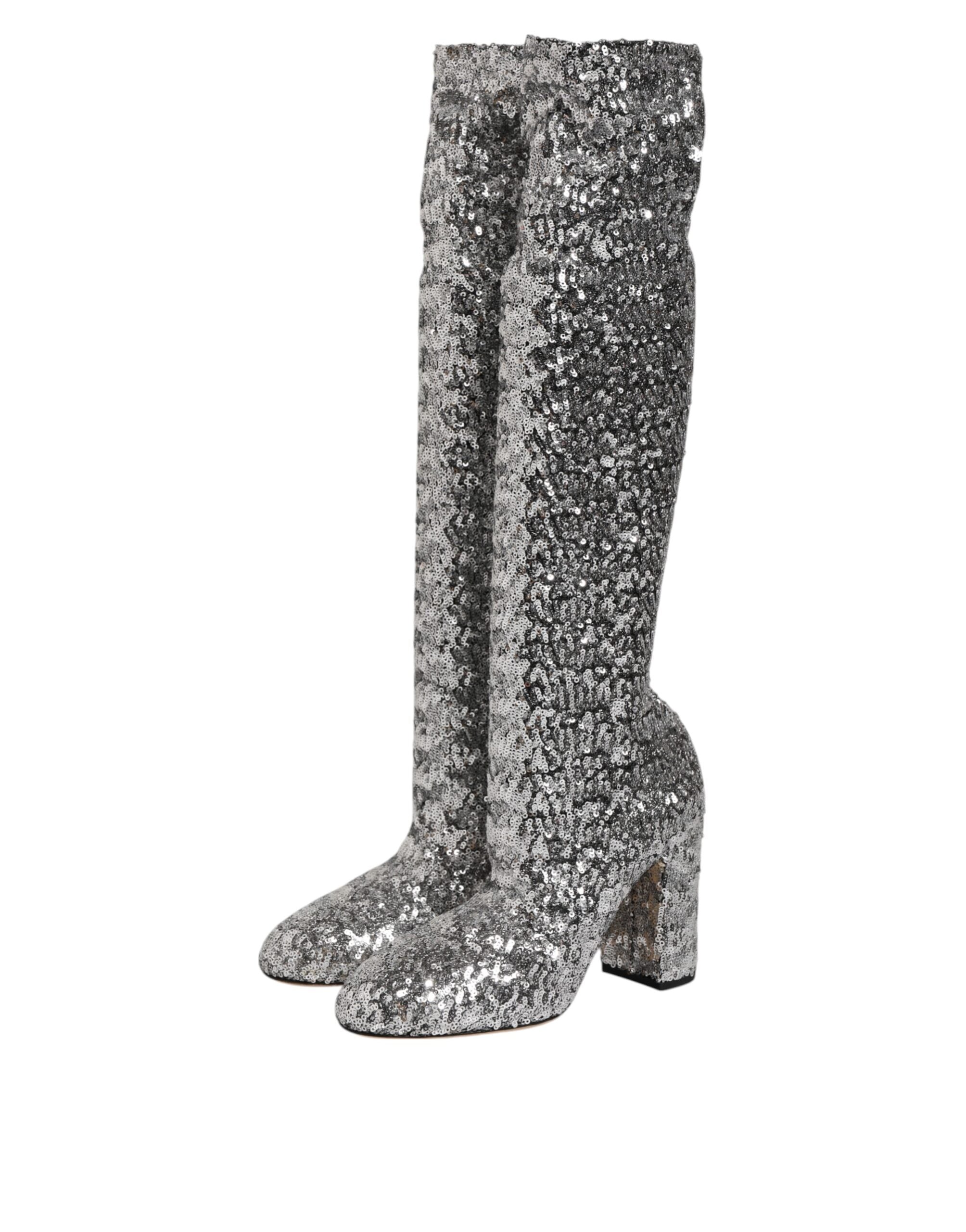 Dolce & Gabbana Silver Shoes Sequins Glitter High Heel Boot Glam Steals