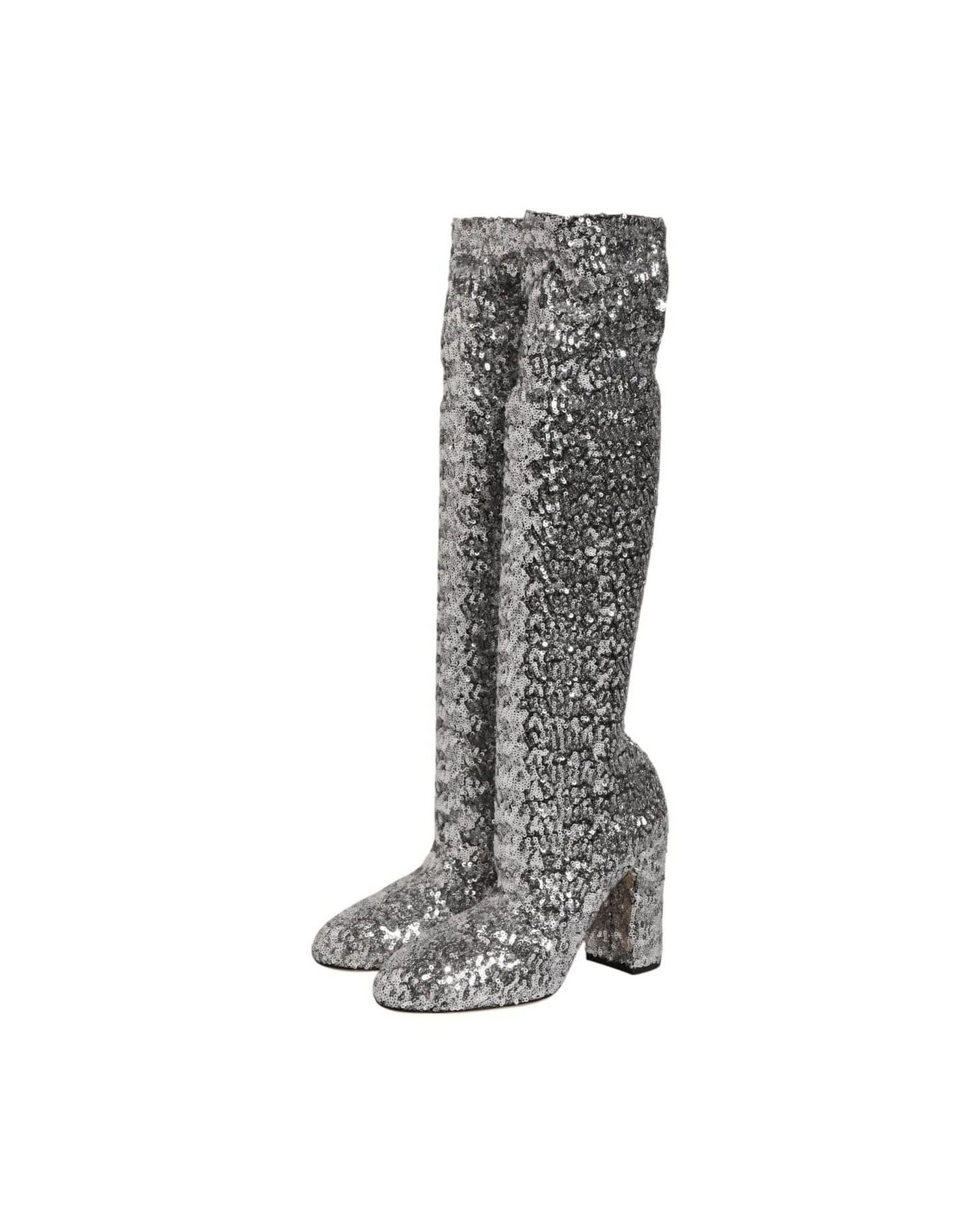 Dolce & Gabbana Silver Shoes Sequins Glitter High Heel Boot Boots
