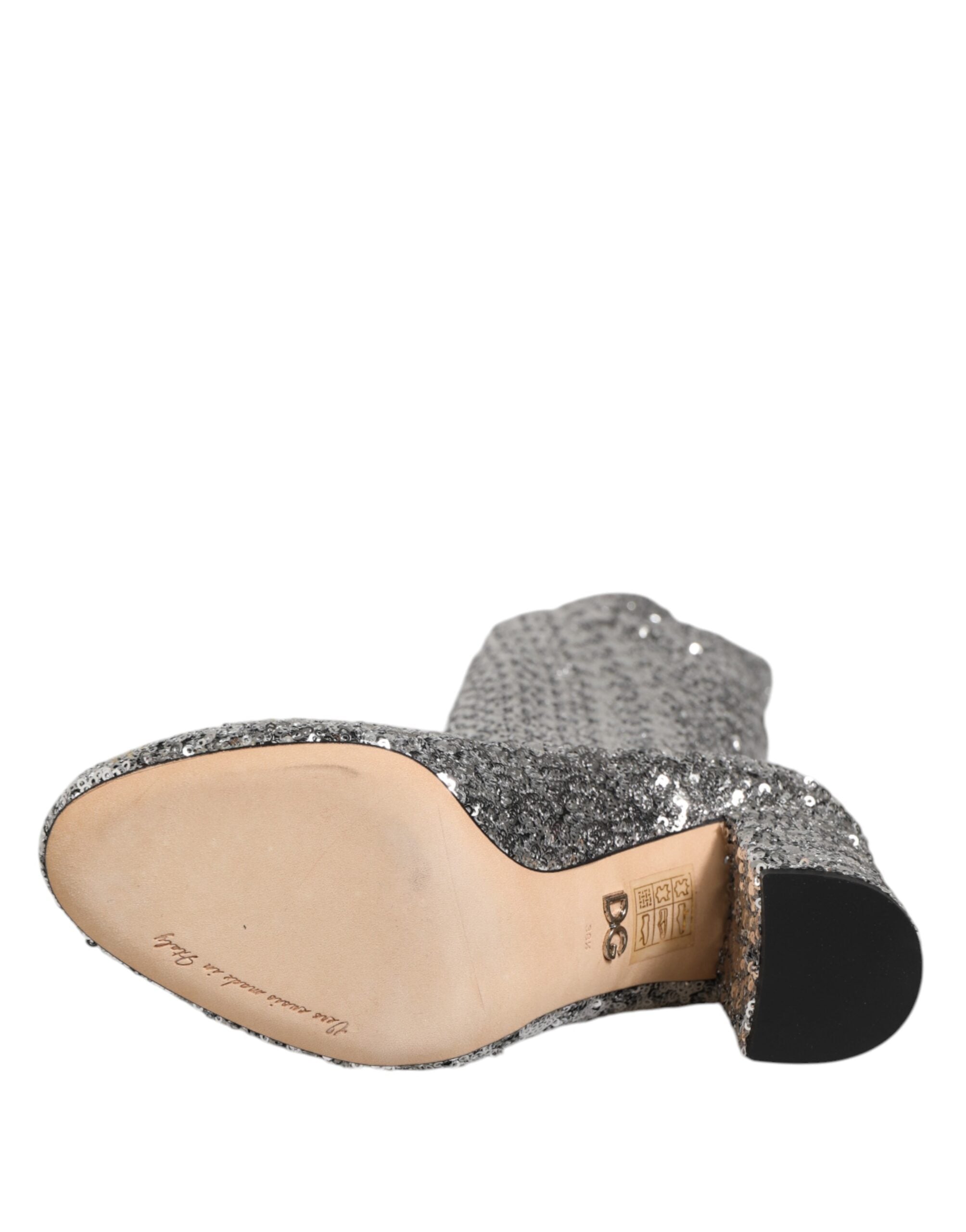 Dolce & Gabbana Silver Shoes Sequins Glitter High Heel Boot Glam Steals