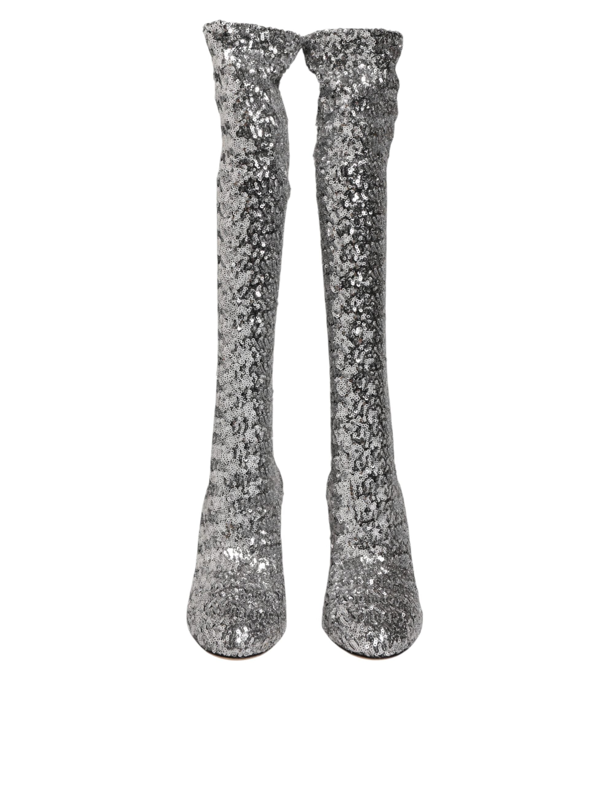 Dolce & Gabbana Silver Shoes Sequins Glitter High Heel Boot Glam Steals