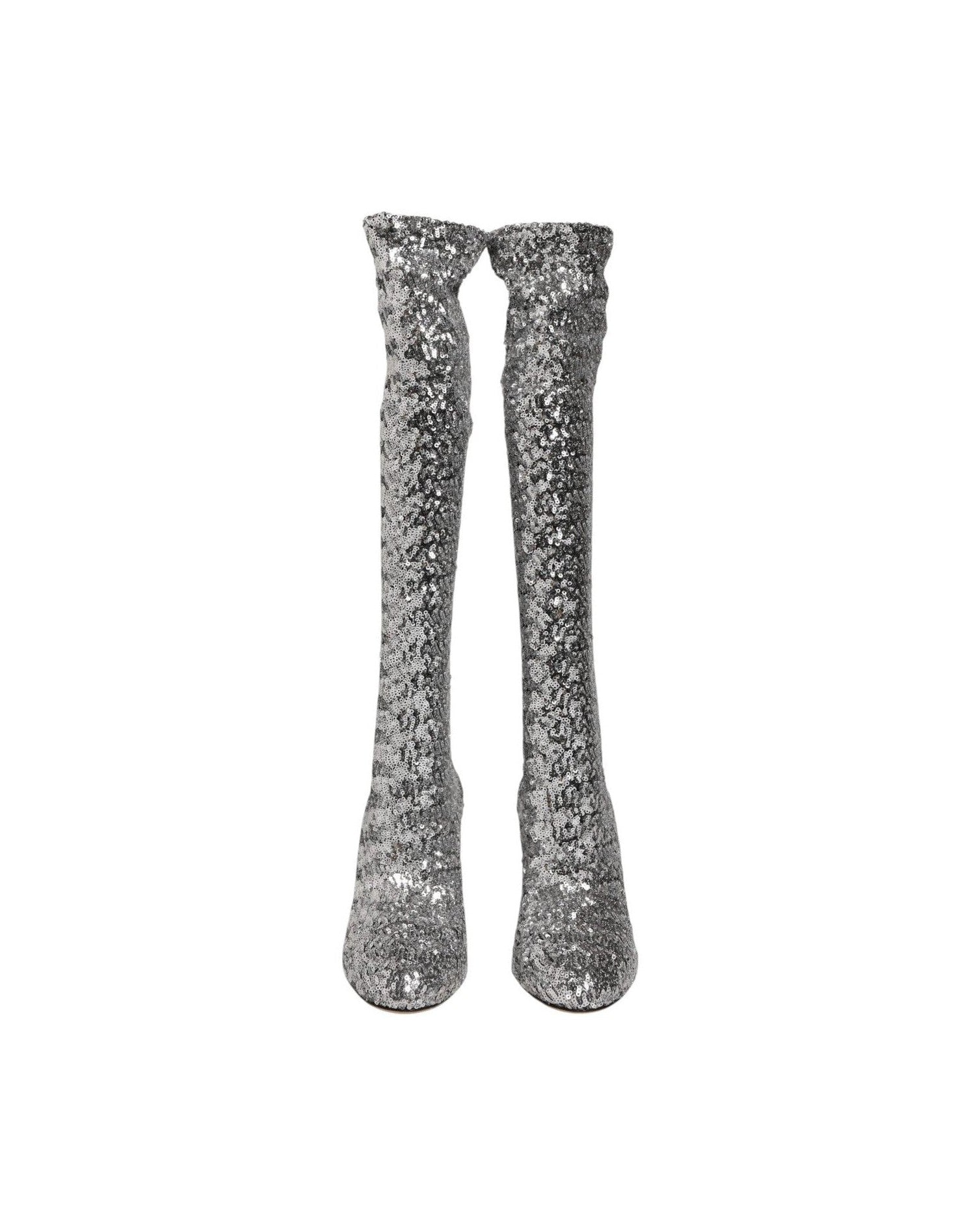 Dolce & Gabbana Silver Shoes Sequins Glitter High Heel Boot Glam Steals