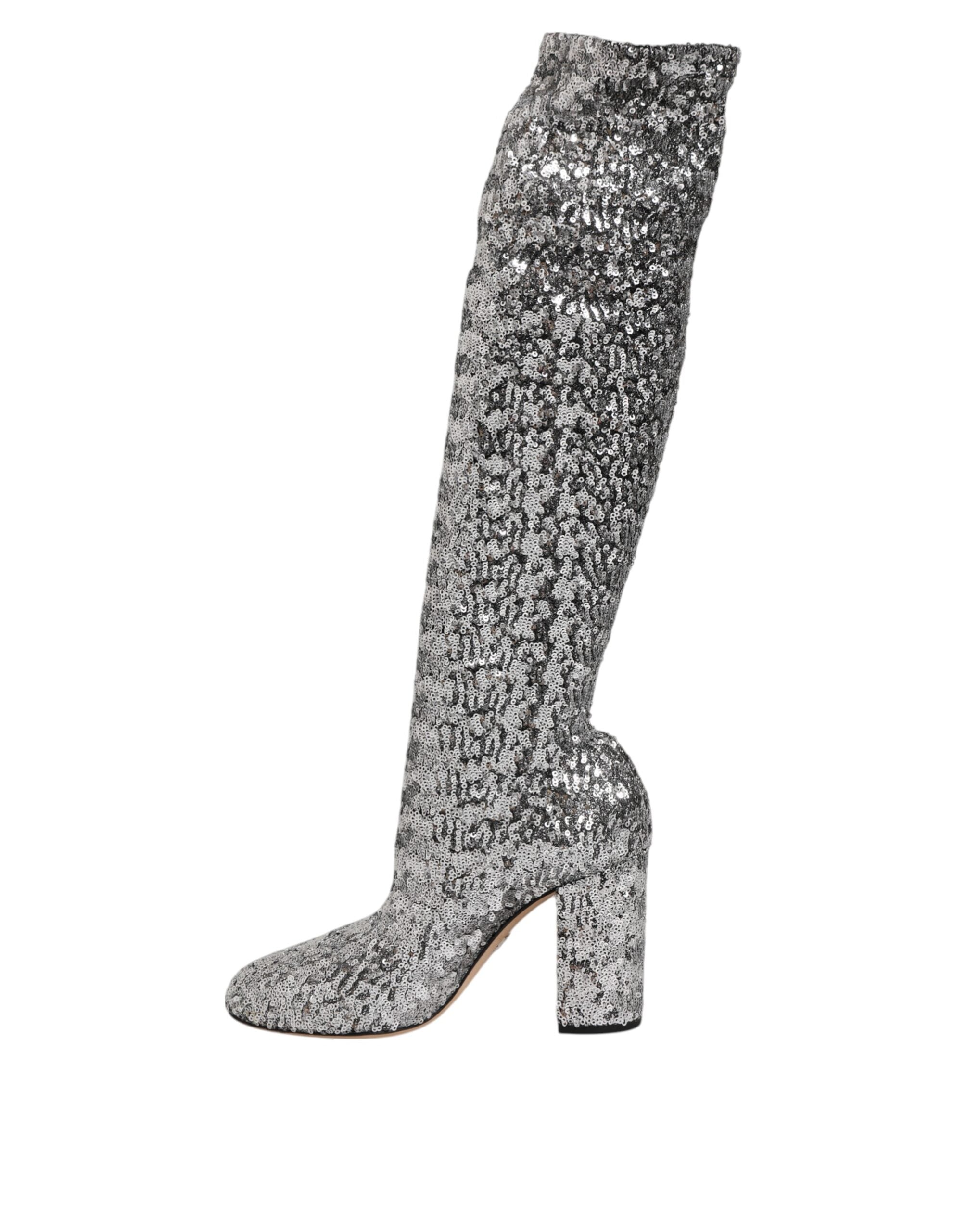 Dolce & Gabbana Silver Shoes Sequins Glitter High Heel Boot Glam Steals