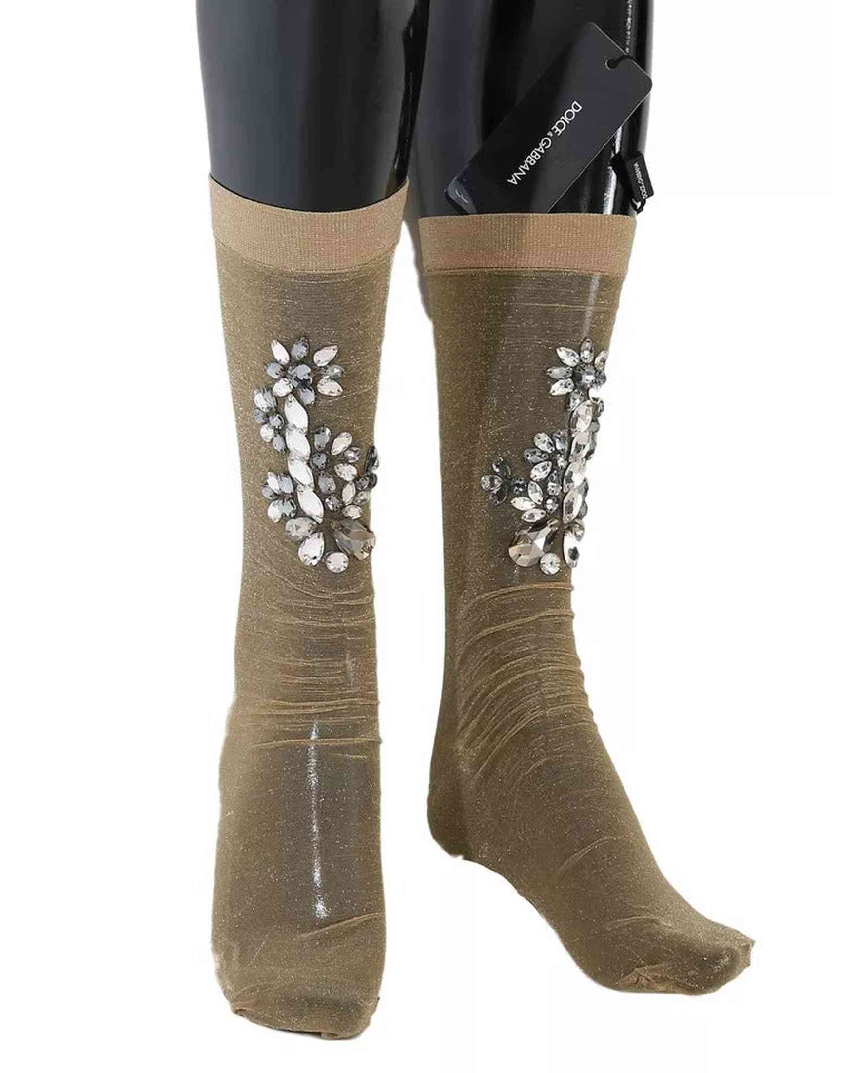 Dolce & Gabbana Stretch Floral Crystal Stocking Gold Clear Socks Glam Steals