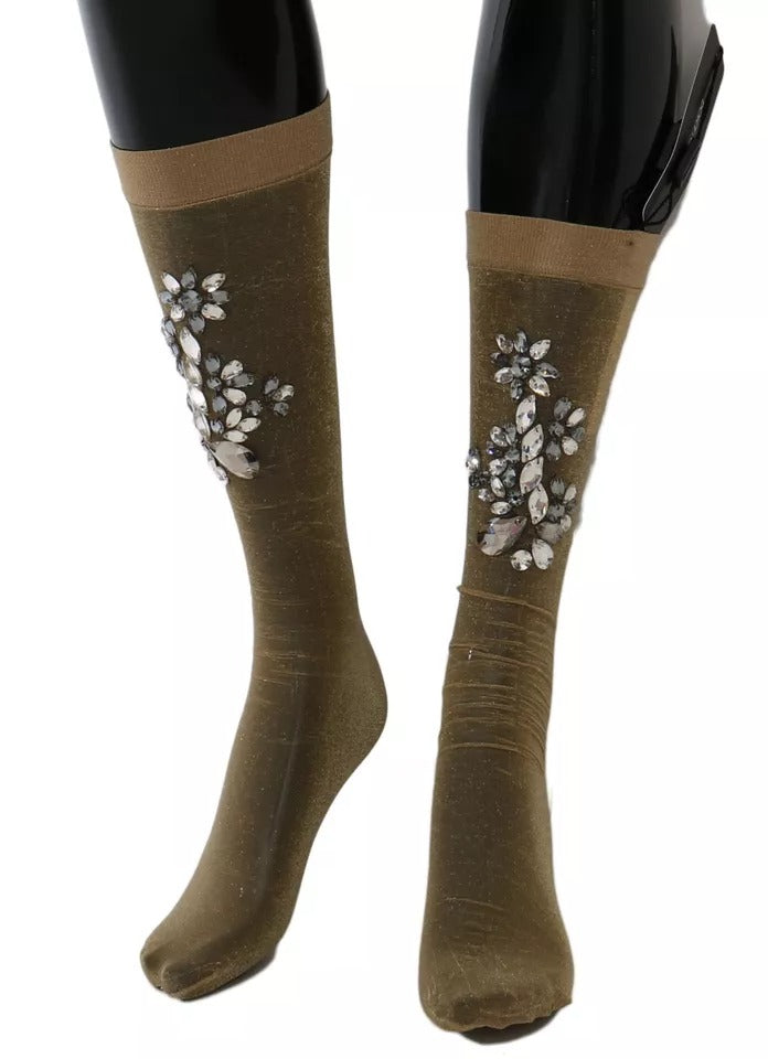 Dolce & Gabbana Stretch Floral Crystal Stocking Gold Clear Socks Glam Steals