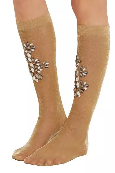 Dolce & Gabbana Stretch Floral Crystal Stocking Gold Clear Socks Glam Steals
