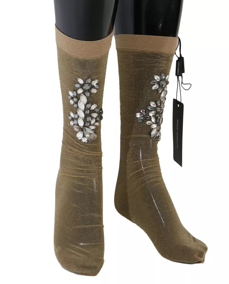 Dolce & Gabbana Stretch Floral Crystal Stocking Gold Clear Socks Glam Steals