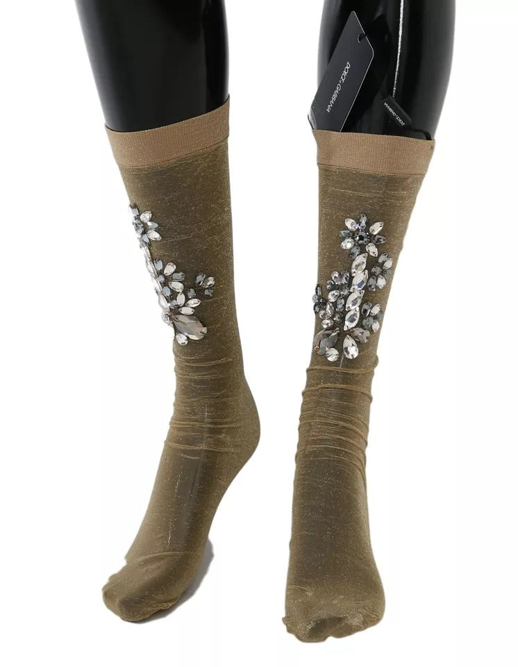 Dolce & Gabbana Stretch Floral Crystal Stocking Gold Clear Socks Glam Steals