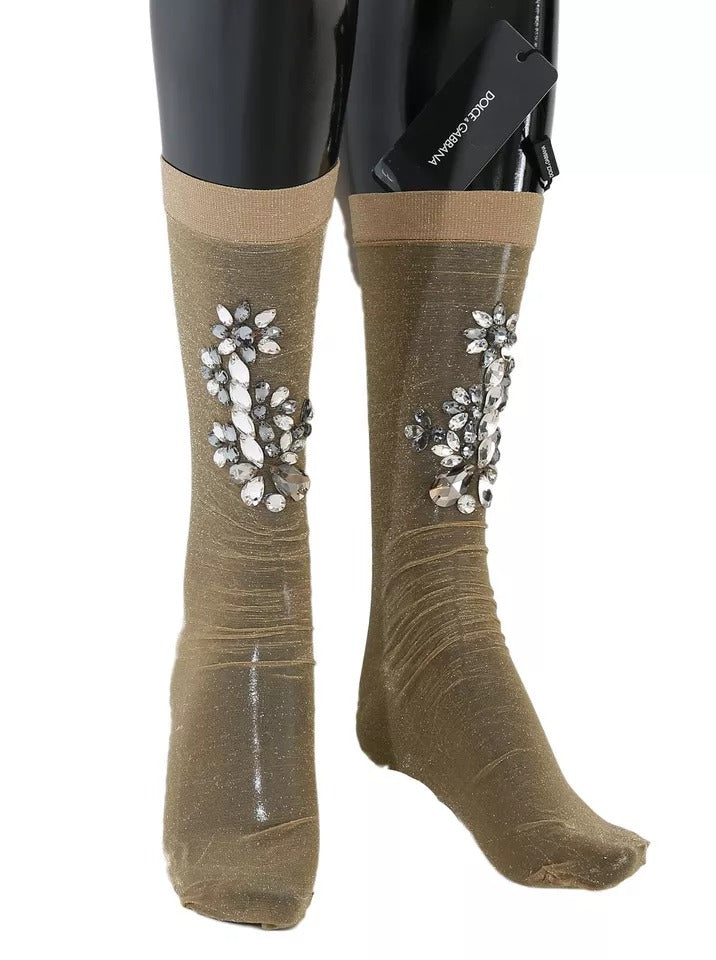 Dolce & Gabbana Stretch Floral Crystal Stocking Gold Clear Socks Glam Steals