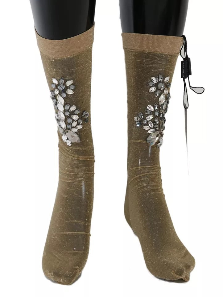 Dolce & Gabbana Stretch Floral Crystal Stocking Gold Clear Socks Glam Steals