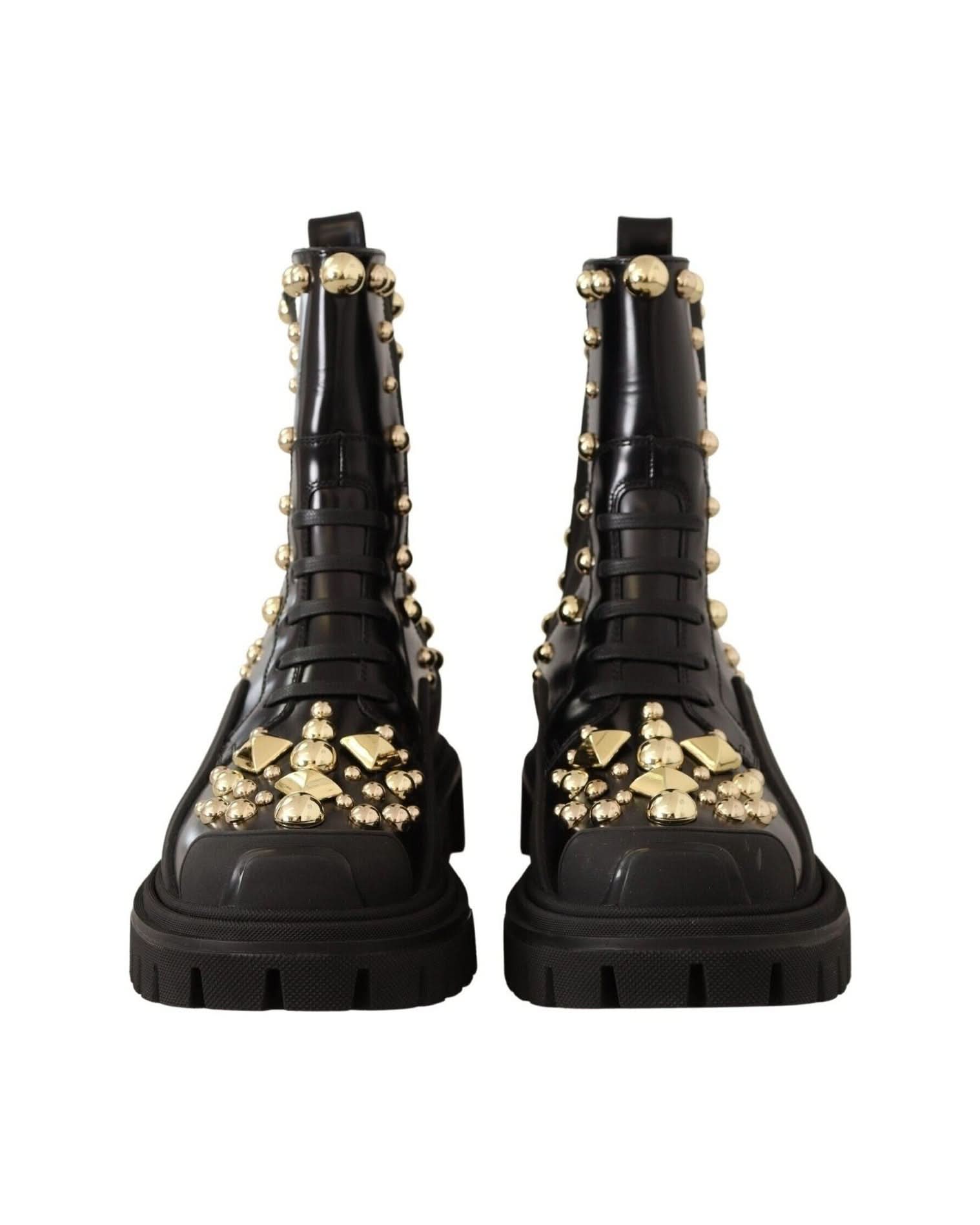 Dolce & Gabbana Studded Embroidered Leather Combat Boots Boots