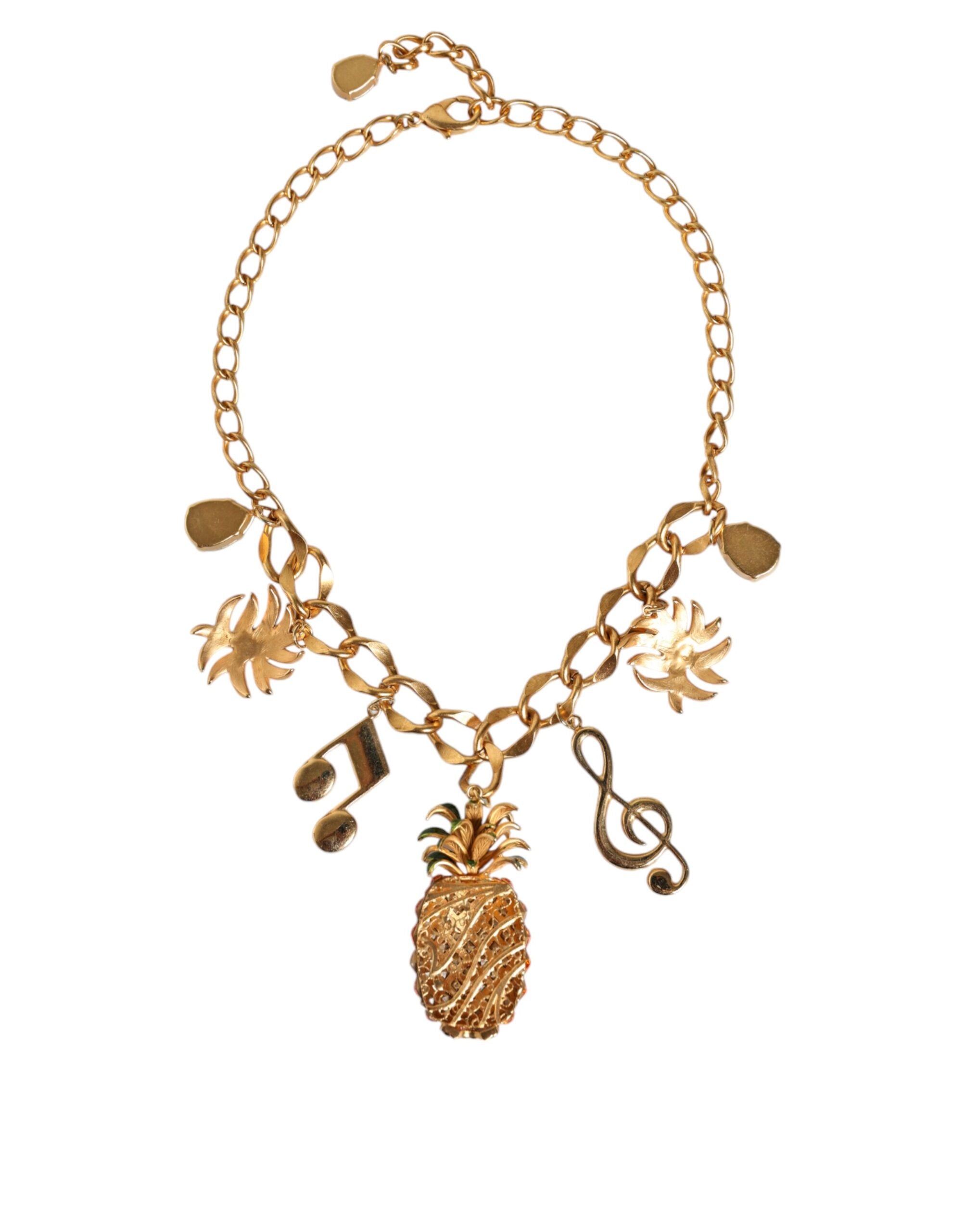 Dolce & Gabbana Tone Brass Chain Pineapple Crystal Musical Gold Necklace Glam Steals