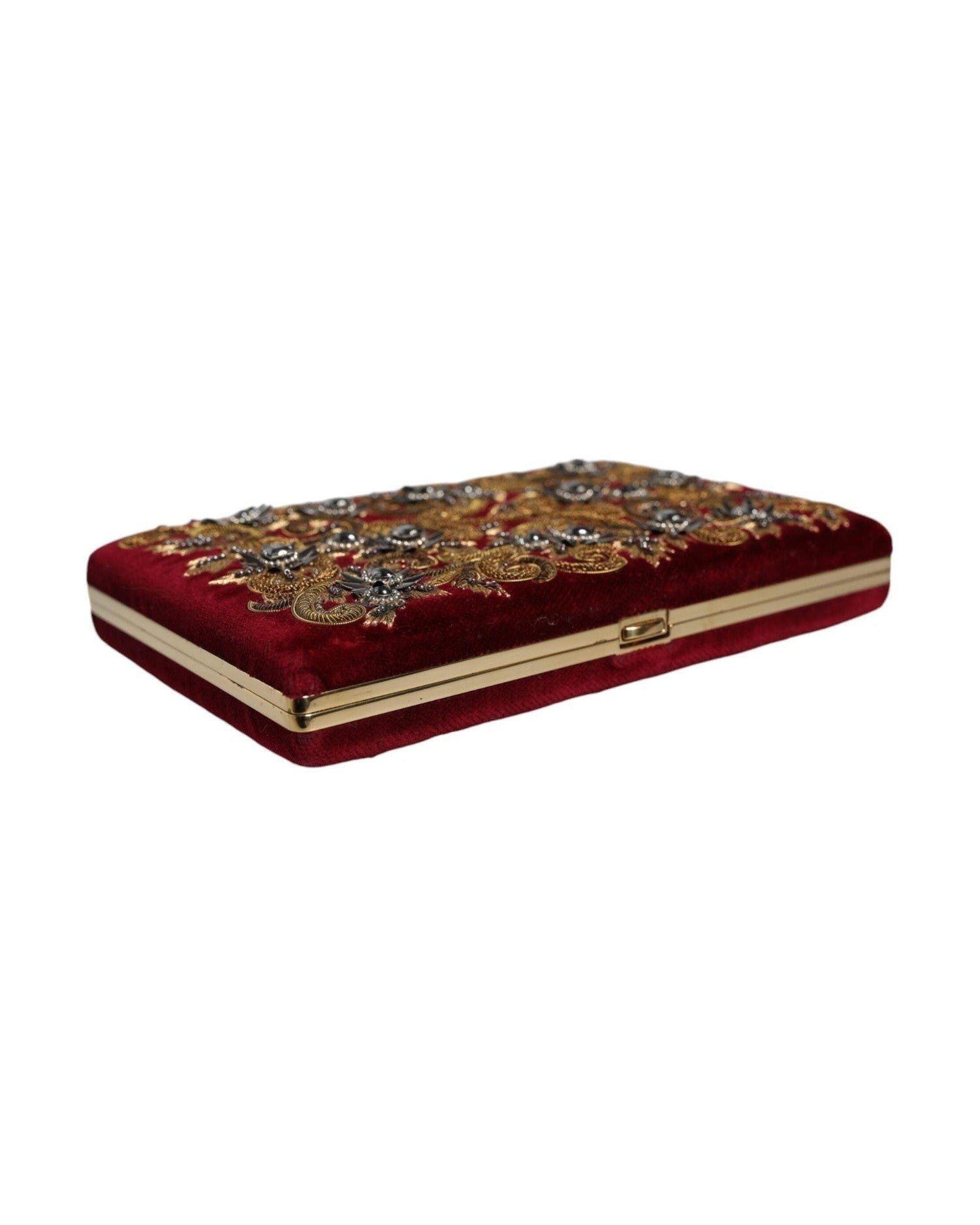 Dolce & Gabbana Velvet Frame Clutch Evening Party Purse Red Gold Bag Glam Steals