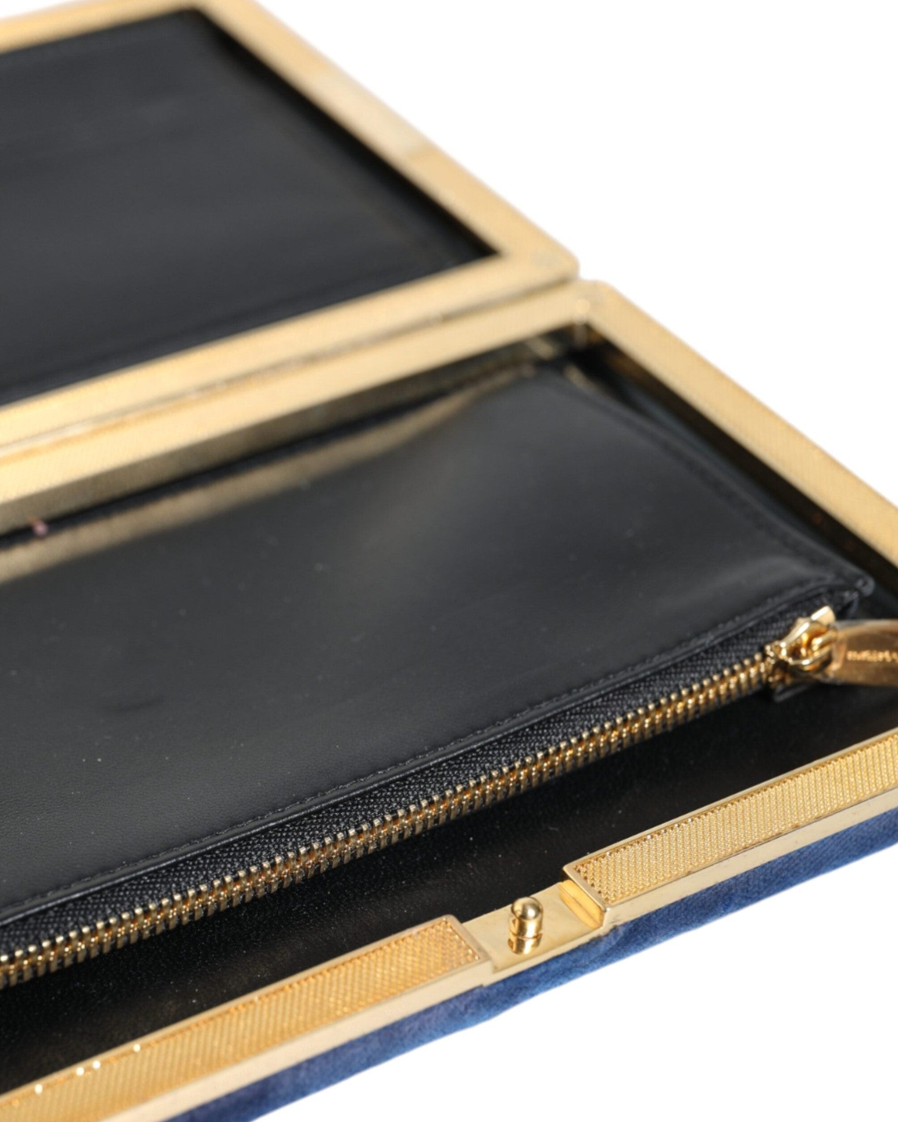 Dolce & Gabbana Velvet Frame Clutch Evening Party Purse Blue Gold Bag Glam Steals