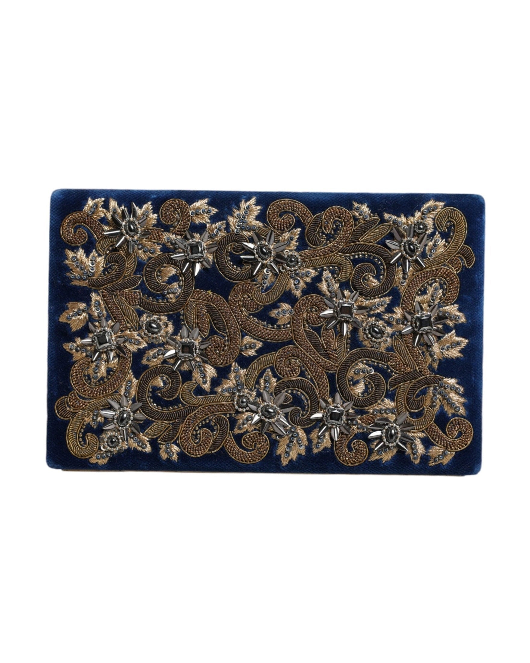 Dolce & Gabbana Velvet Frame Clutch Evening Party Purse Blue Gold Bag Glam Steals