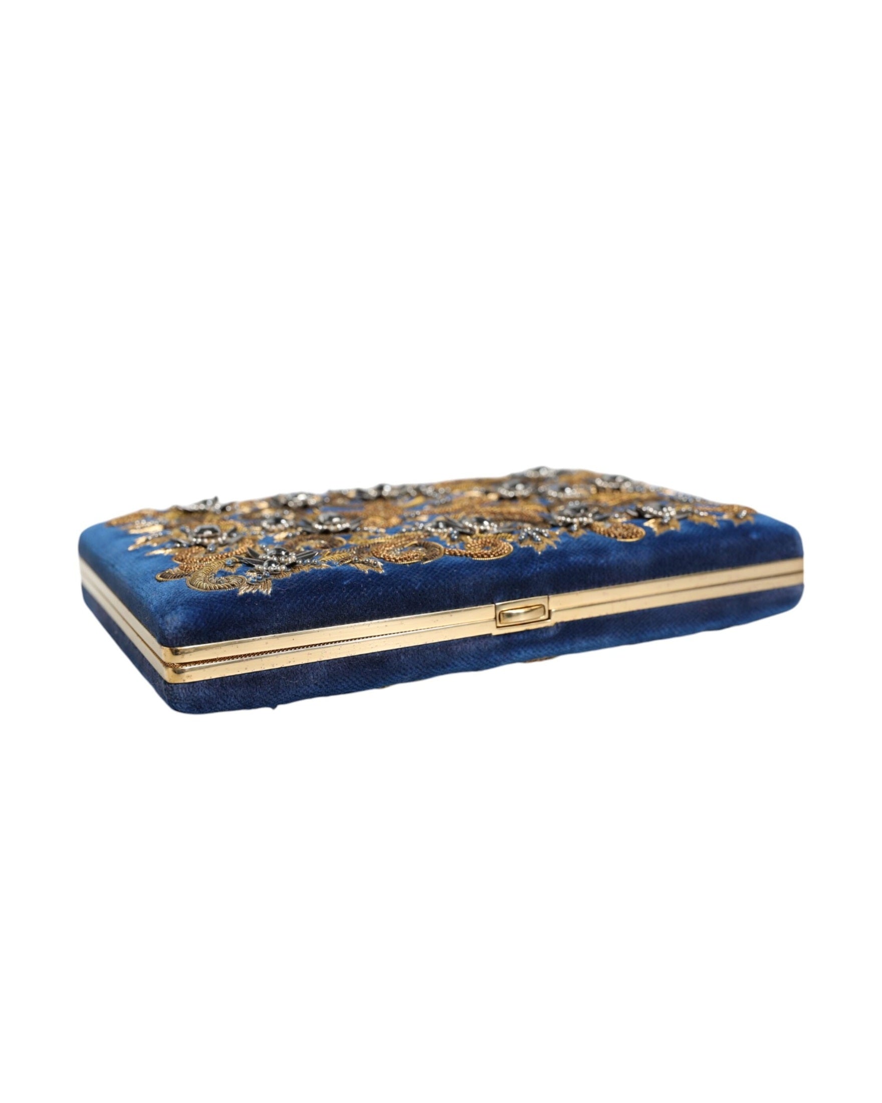 Dolce & Gabbana Velvet Frame Clutch Evening Party Purse Blue Gold Bag Glam Steals