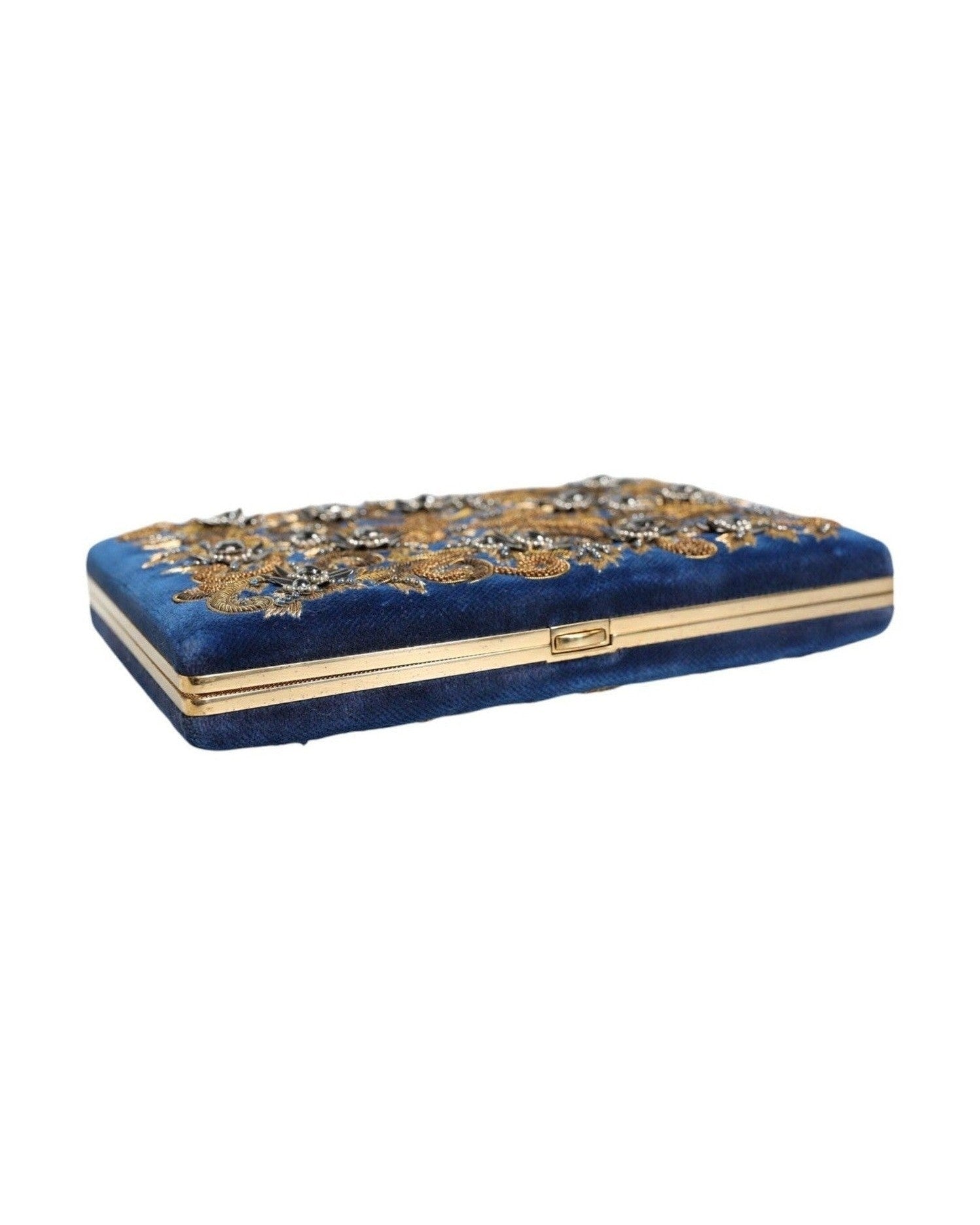 Dolce & Gabbana Velvet Frame Clutch Evening Party Purse Blue Gold Bag Glam Steals