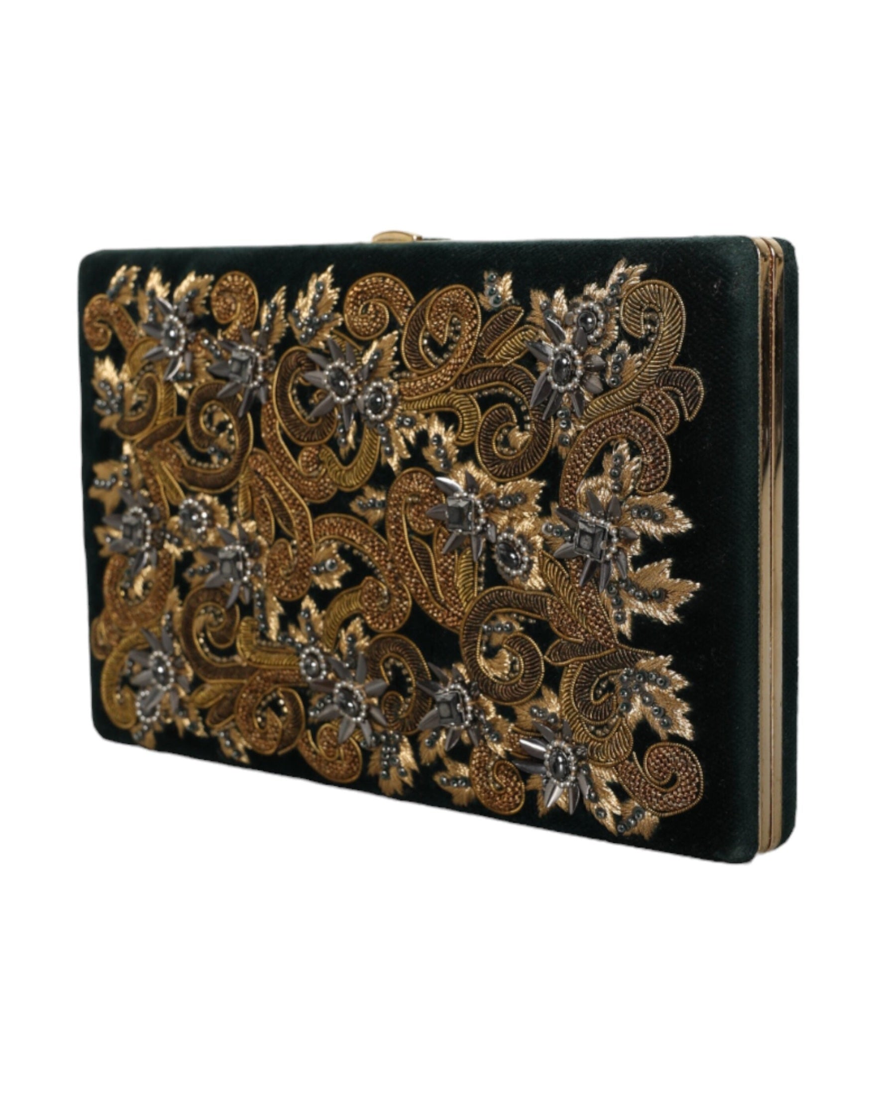 Dolce & Gabbana Velvet Frame Clutch Evening Party Purse Black Gold Bag Glam Steals