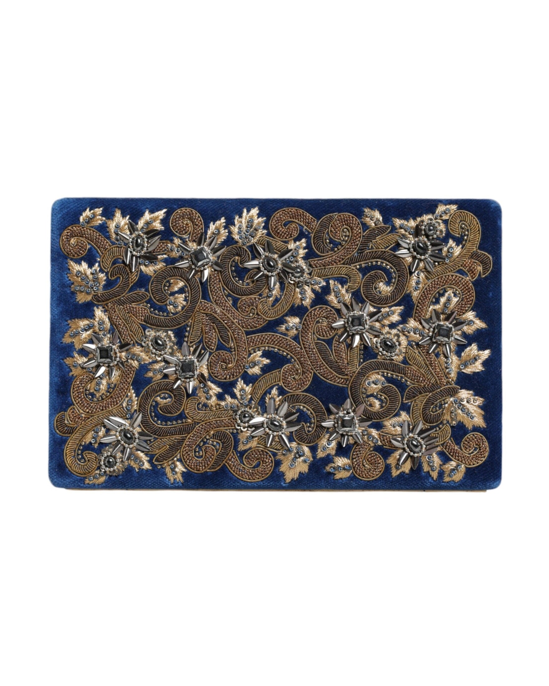 Dolce & Gabbana Velvet Frame Clutch Evening Party Purse Blue Gold Bag Glam Steals