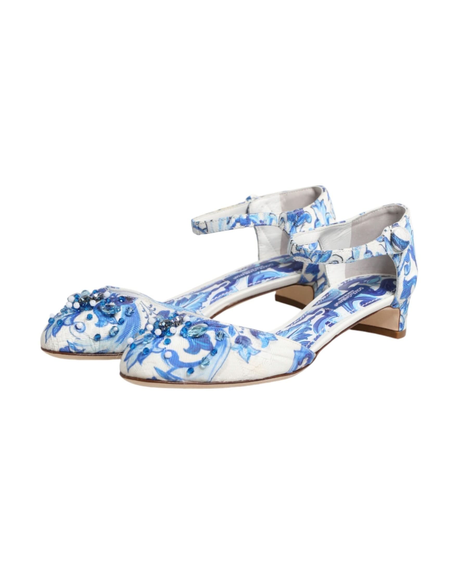 Dolce & Gabbana White Blue Floral Crystal Ankle Straps Shoes Sandals