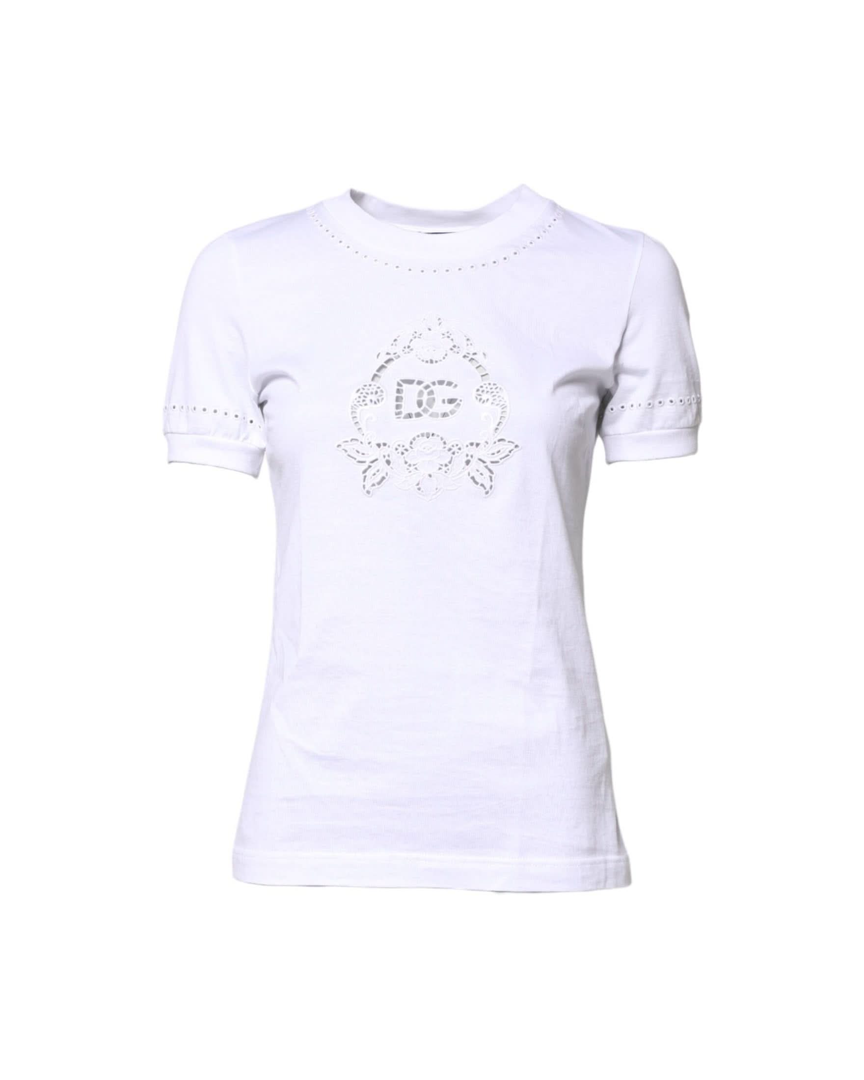 Dolce & Gabbana White Cotton Floral Logo Crew Neck T-Shirt T-Shirts