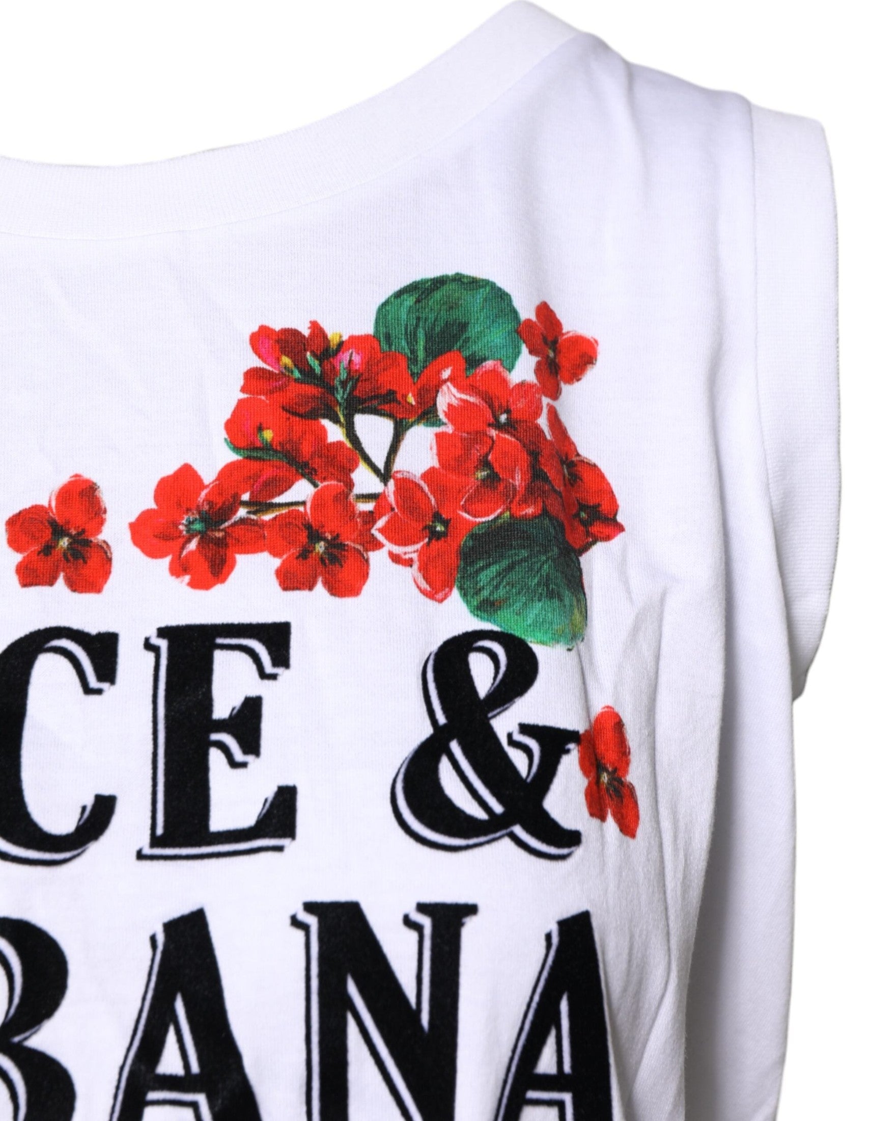 Dolce & Gabbana White Cotton Floral Printed Sleeveless T-shirt Glam Steals