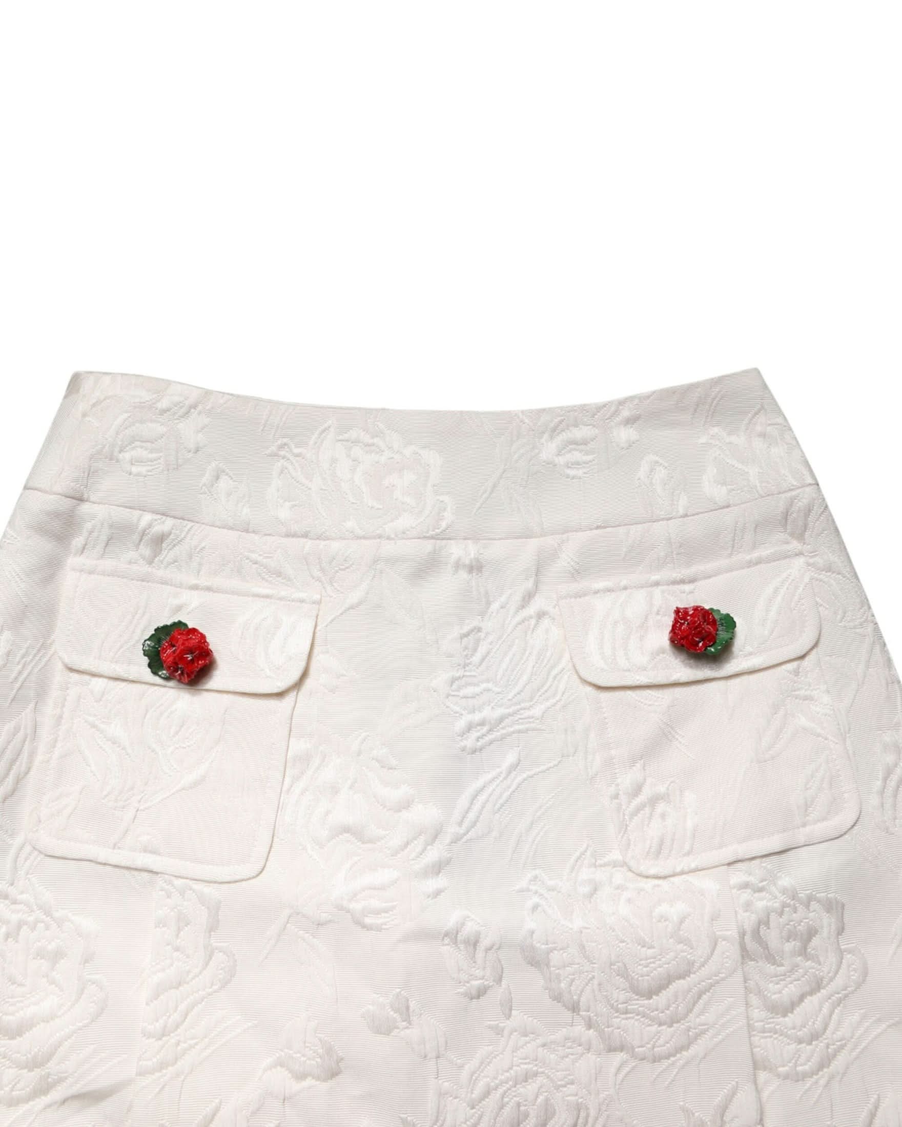 Dolce & Gabbana White Floral Brocade High Waist Mini Skirt Skirts