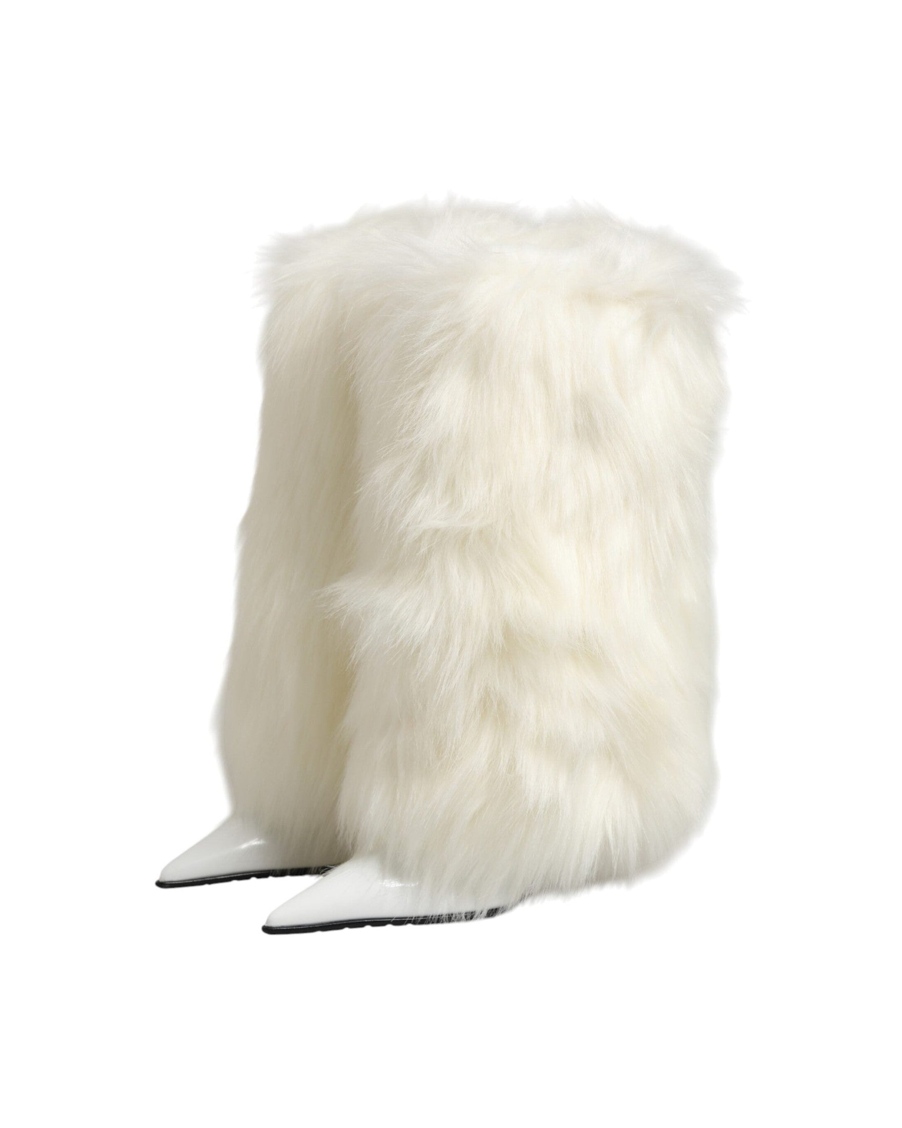 Dolce & Gabbana White Fur Pointed Knee High Stiletto Boots Shoes Glam Steals