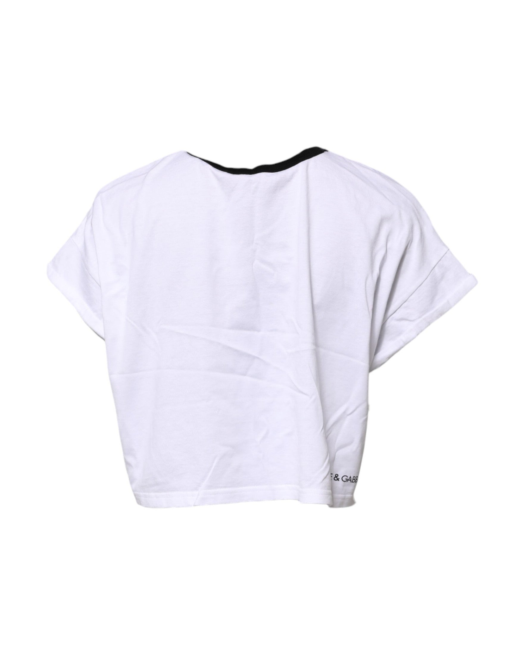 Dolce & Gabbana White Graphic Print Crew Neck Cropped T-shirt Glam Steals