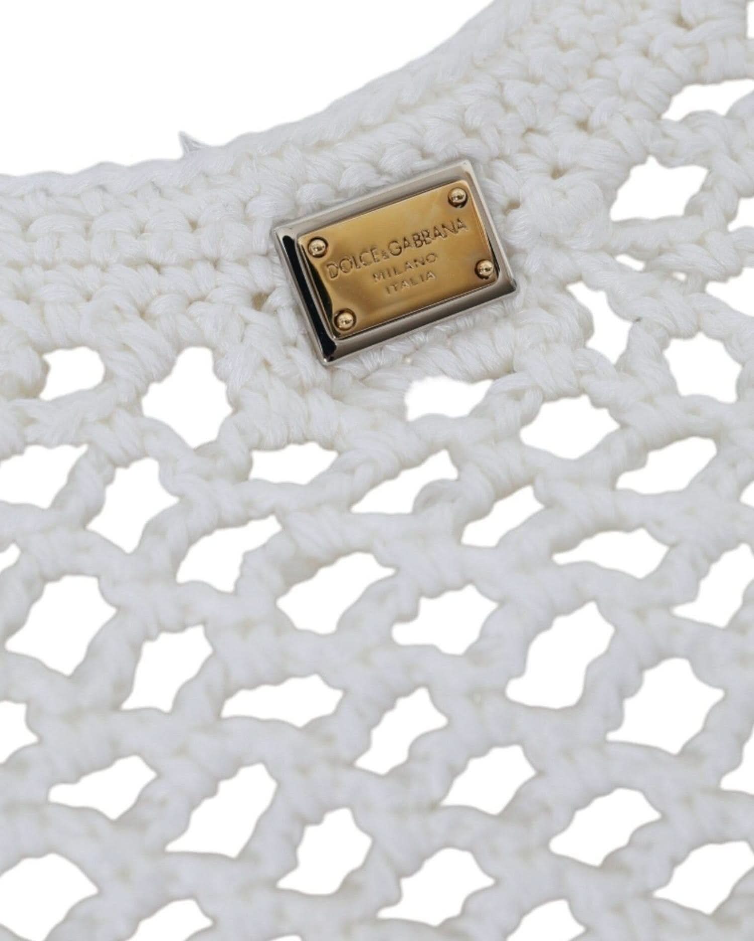 Dolce & Gabbana White Knitted Cotton Logo Shopping Tote Bag Handbags