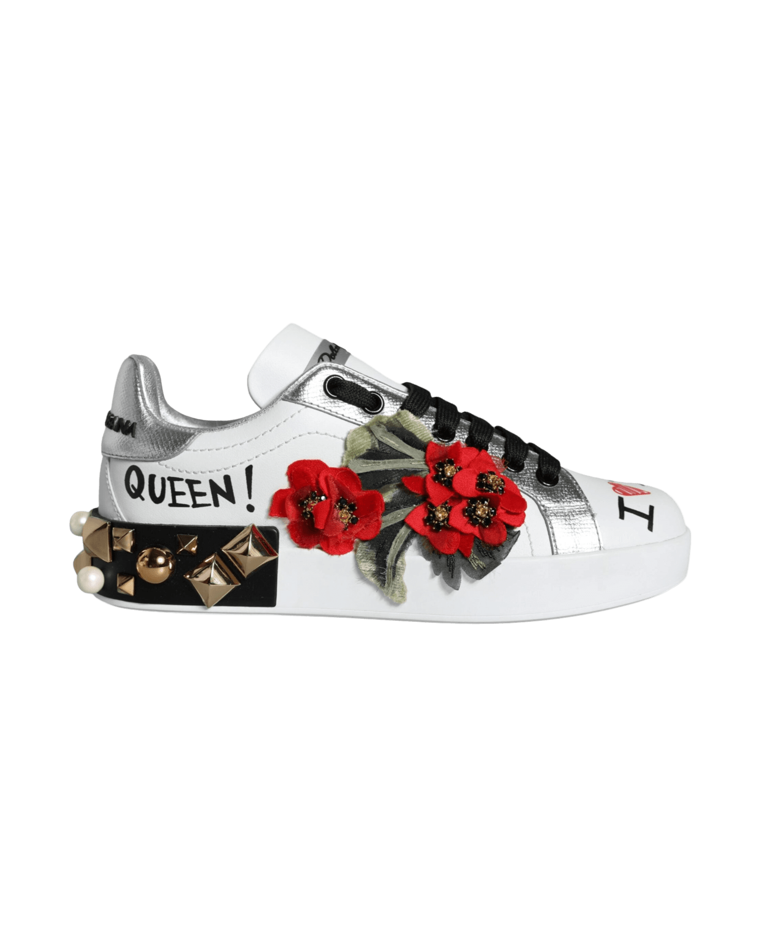 Dolce & Gabbana White Leather Floral Studded Sneakers Shoes Glam Steals