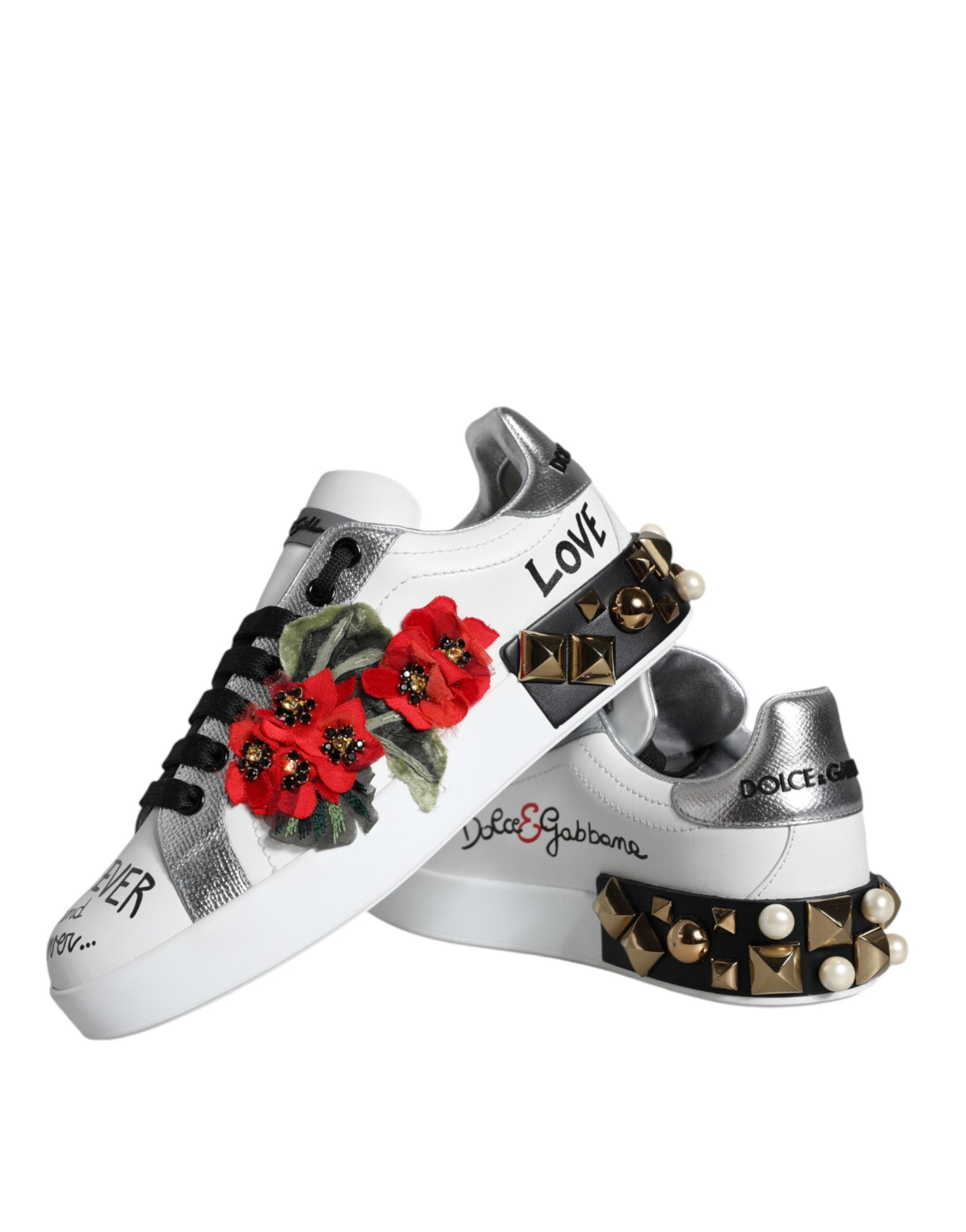 Dolce & Gabbana White Leather Floral Studded Sneakers Shoes Glam Steals