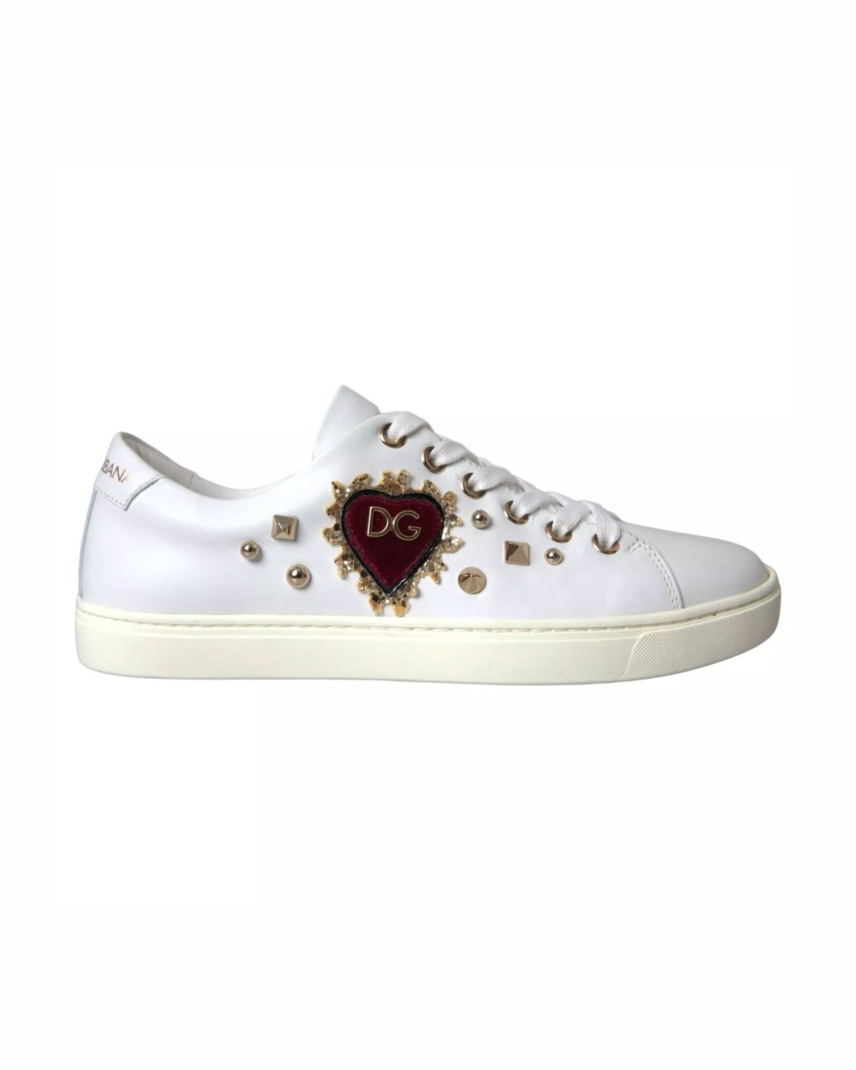 Dolce & Gabbana White Leather Gold Red Heart Sneakers Shoes Sneakers