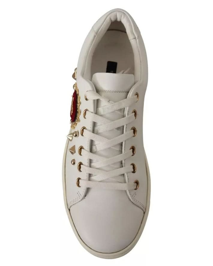Dolce & Gabbana White Leather Gold Red Heart Sneakers Sneakers
