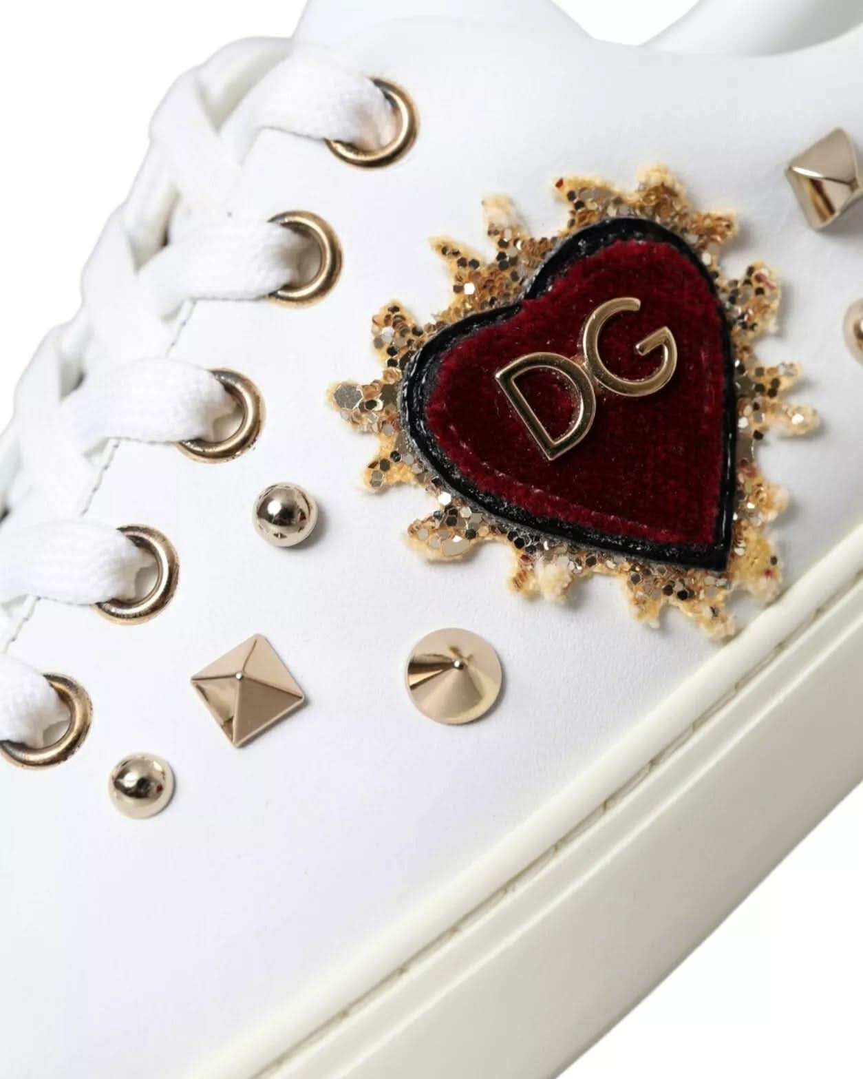 Dolce & Gabbana White Leather Gold Red Heart Sneakers Shoes Sneakers