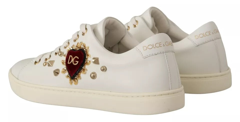 Dolce & Gabbana White Leather Gold Red Heart Sneakers Glam Steals