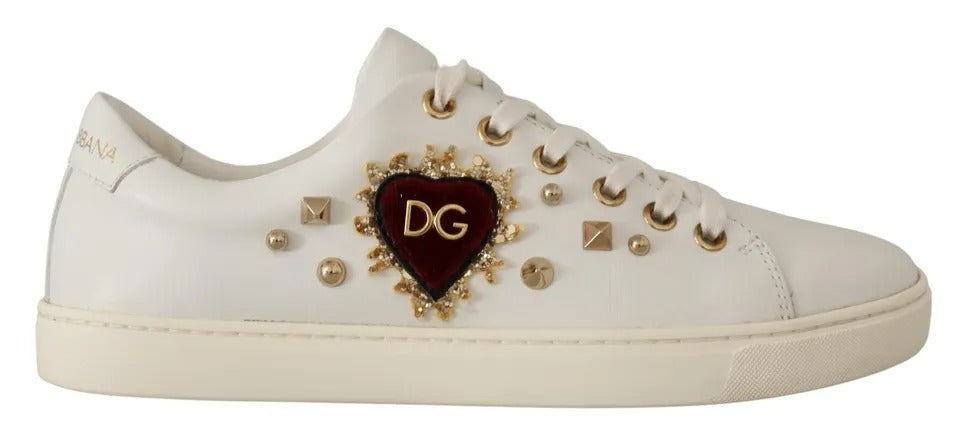 Dolce & Gabbana White Leather Gold Red Heart Sneakers Glam Steals