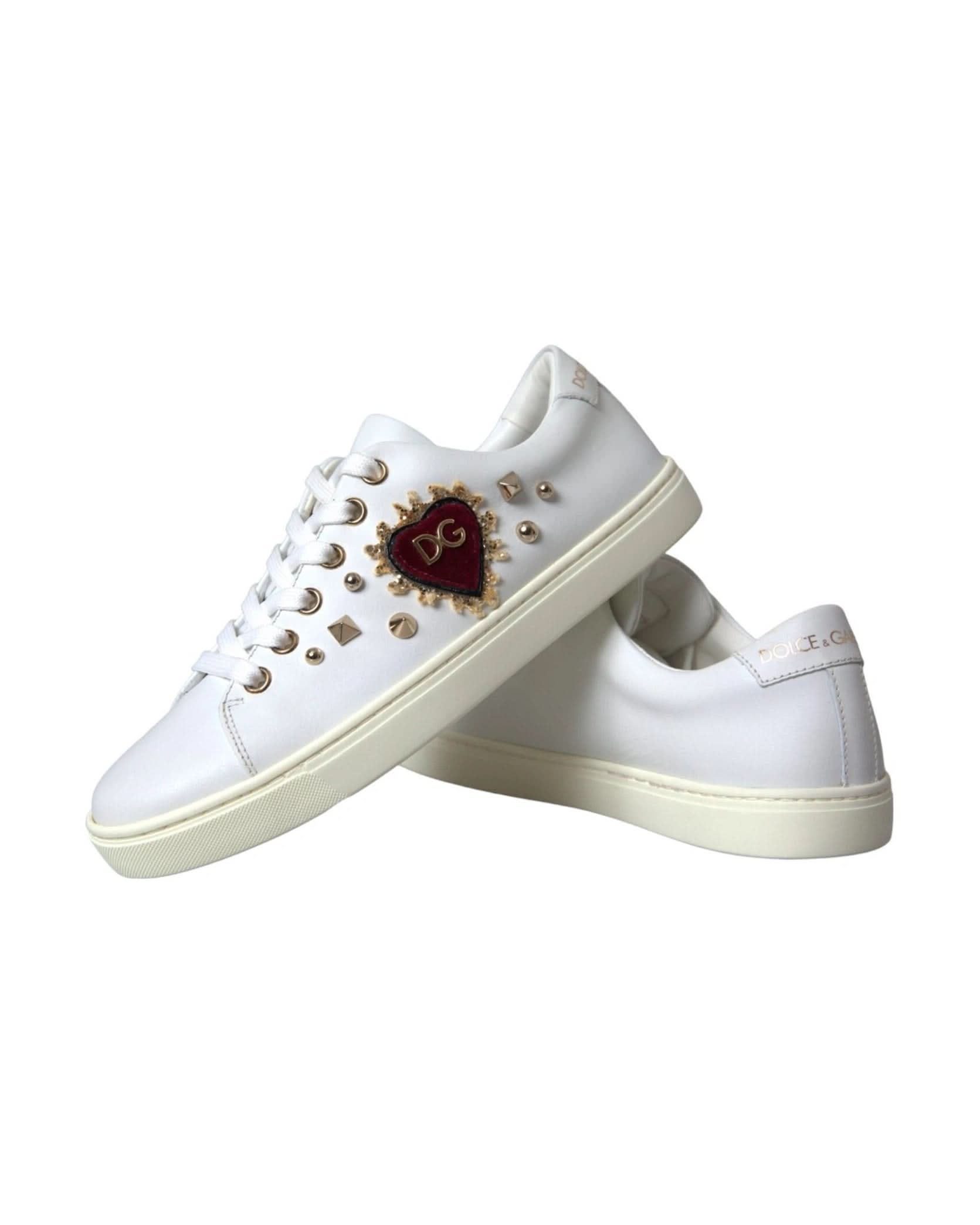 Dolce & Gabbana White Leather Gold Red Heart Sneakers Shoes Sneakers