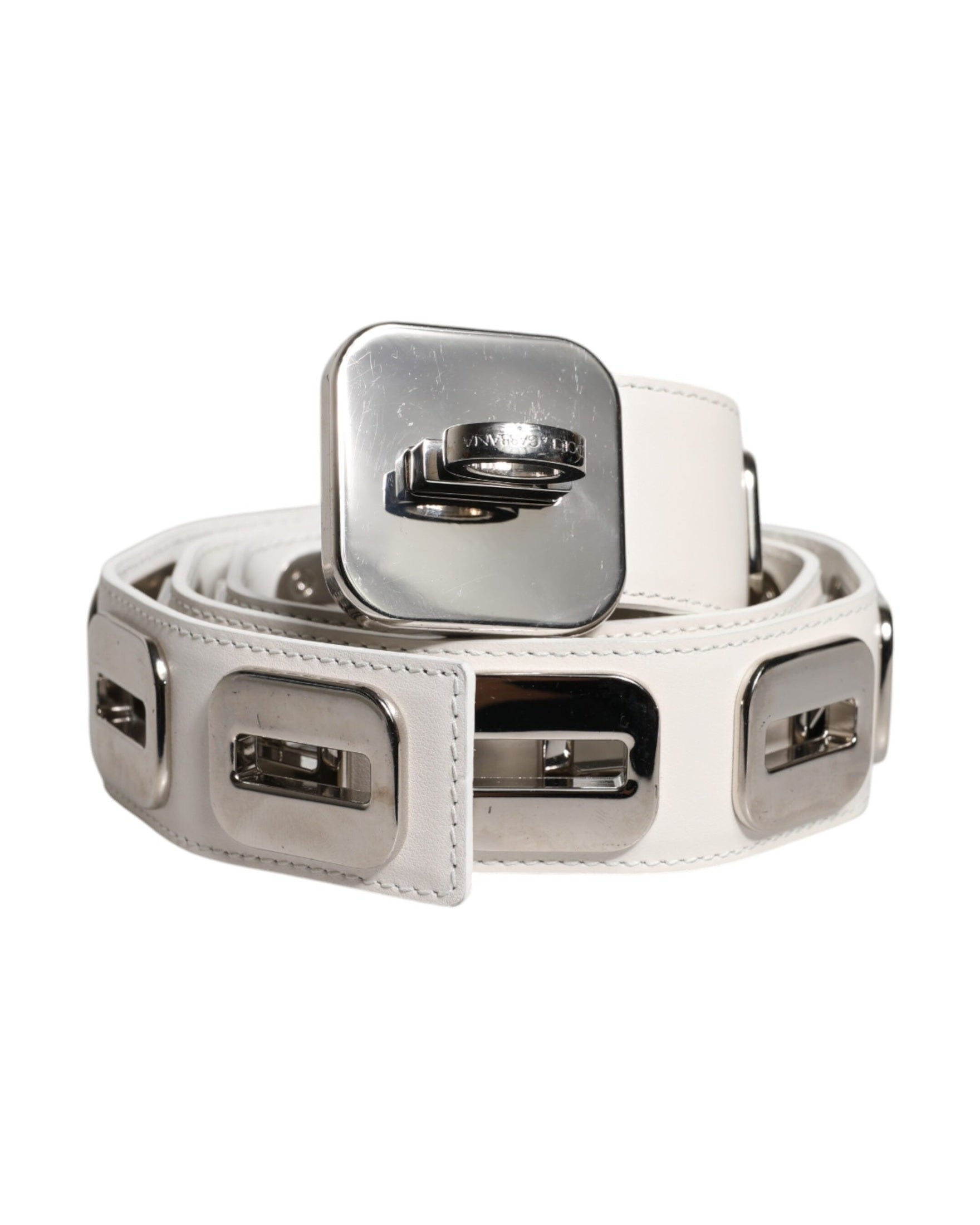 Dolce & Gabbana White Leather Gold Tone Rotating Buckle Belt Glam Steals
