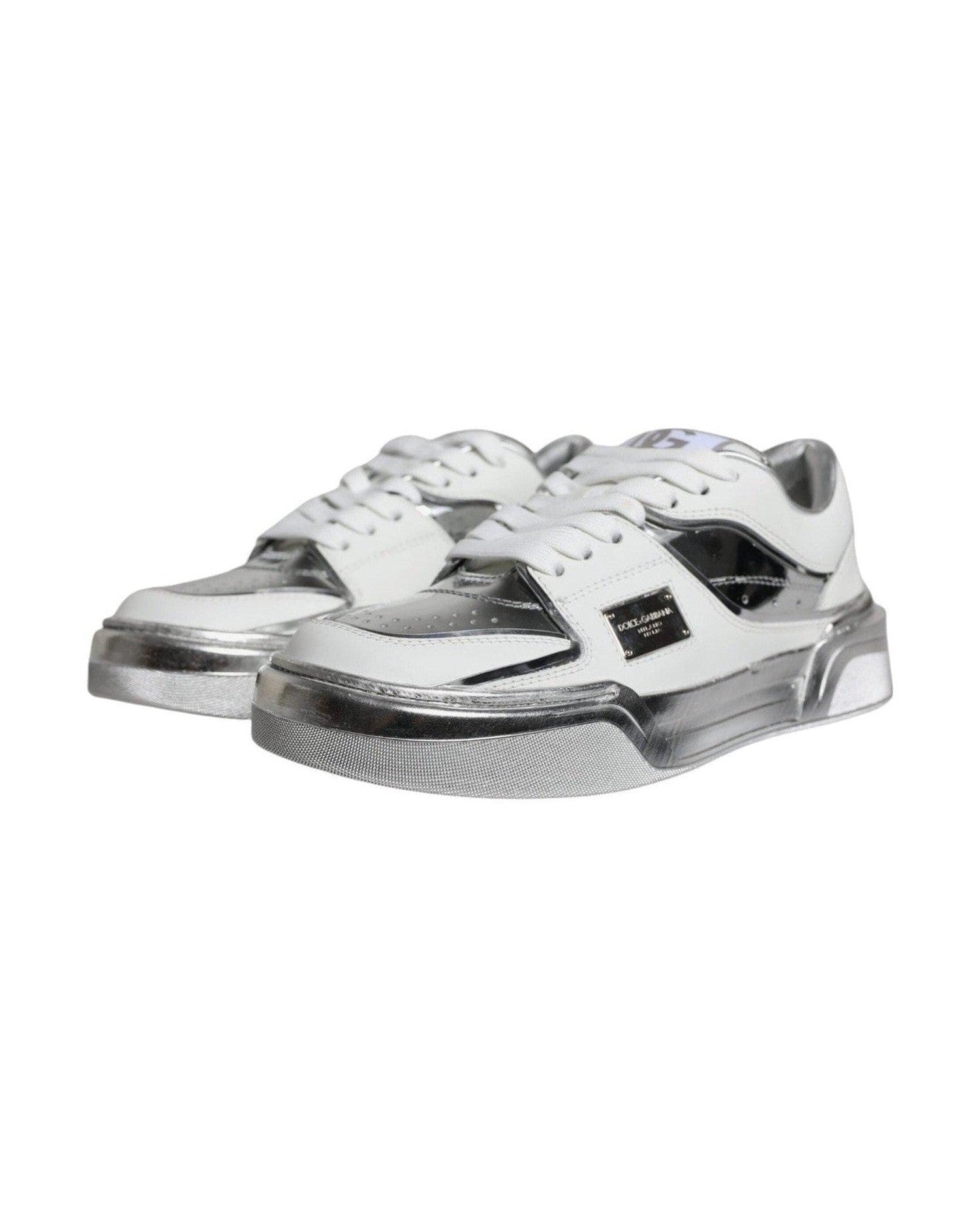 Dolce & Gabbana White Silver Leather Low Top Sneakers Shoes Glam Steals