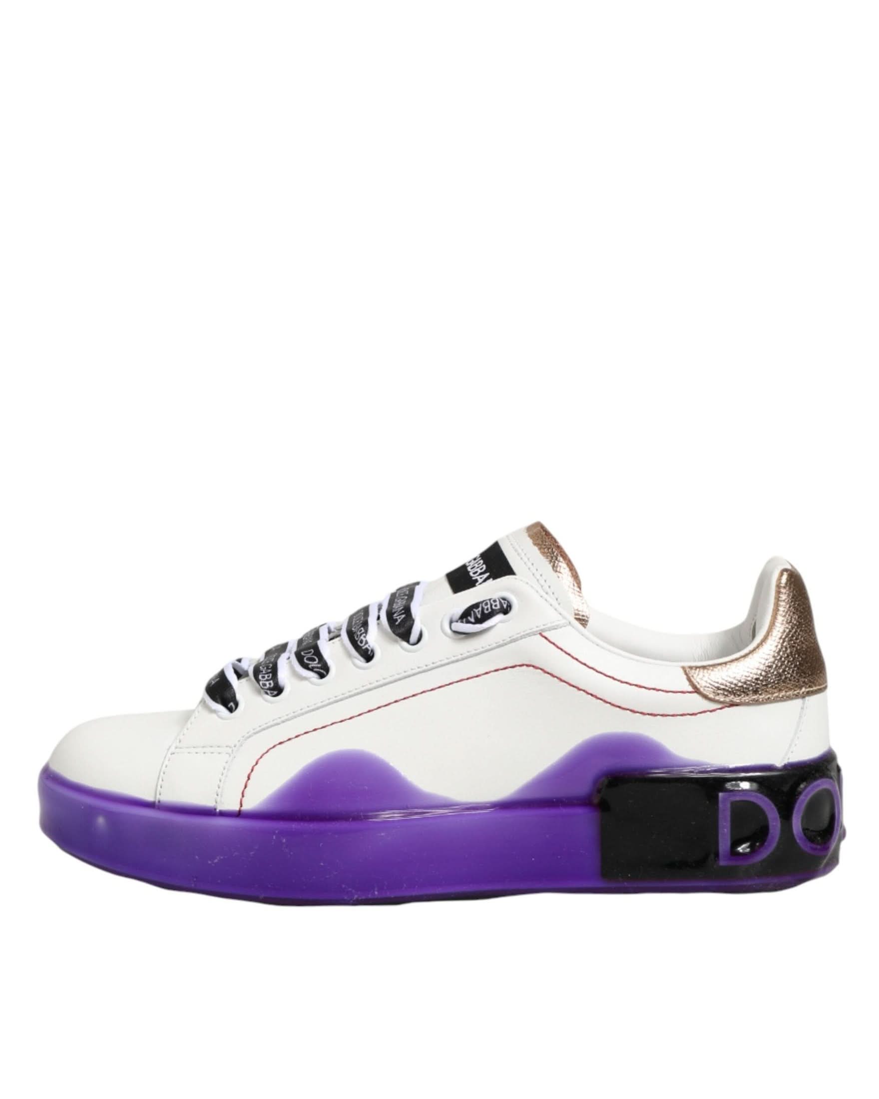 Dolce & Gabbana White Leather Purple Low Top Sneaker Shoes Sneakers