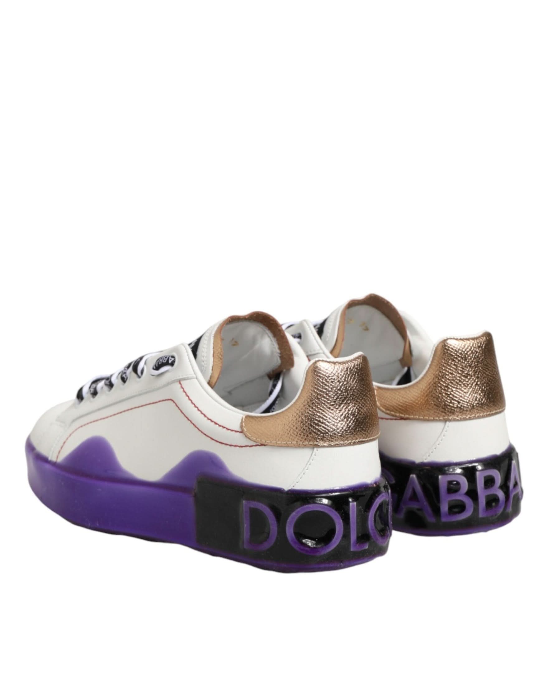 Dolce & Gabbana White Leather Purple Low Top Sneaker Shoes Sneakers