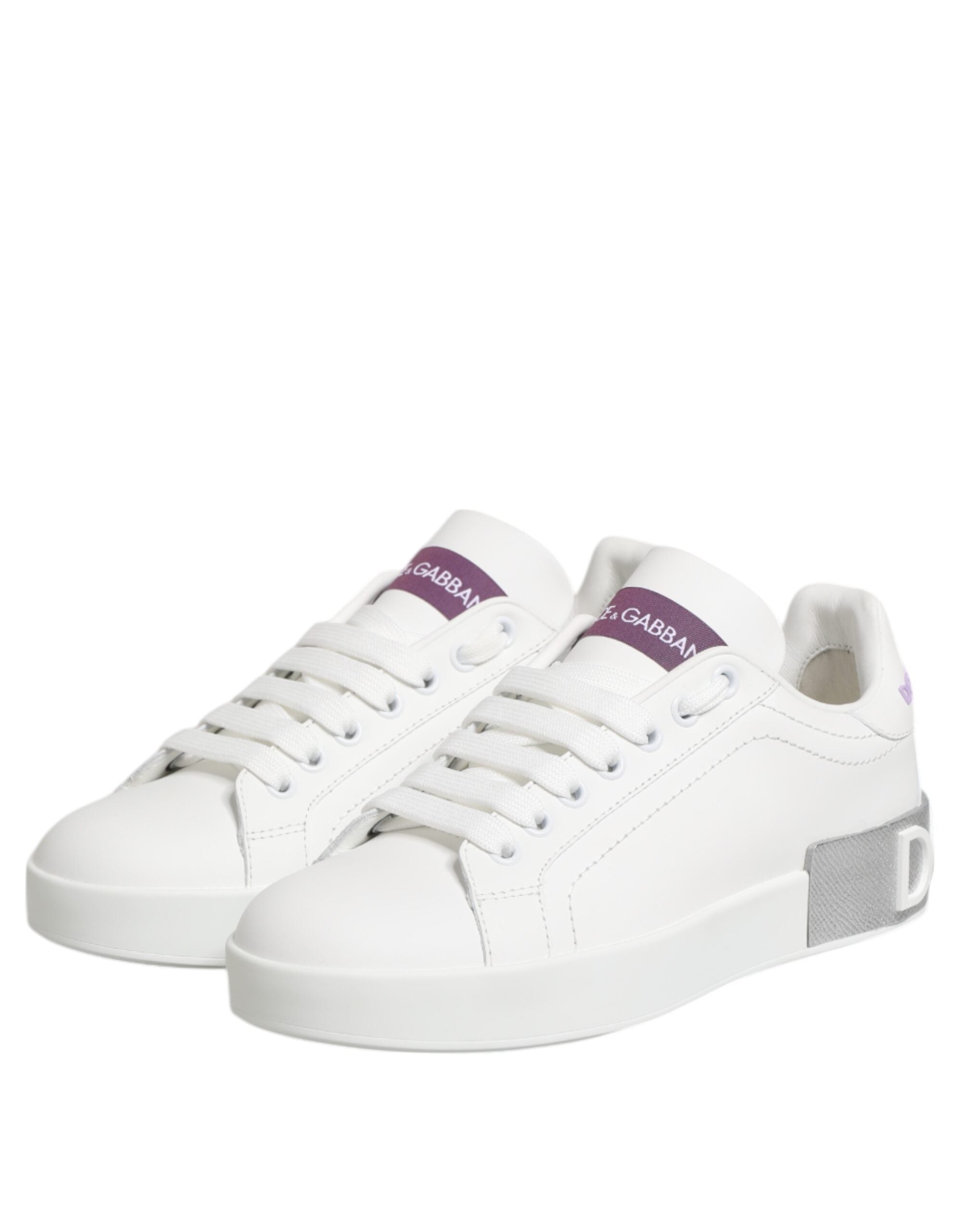 Dolce & Gabbana White Leather Purple Low Top Sneakers Shoes Glam Steals