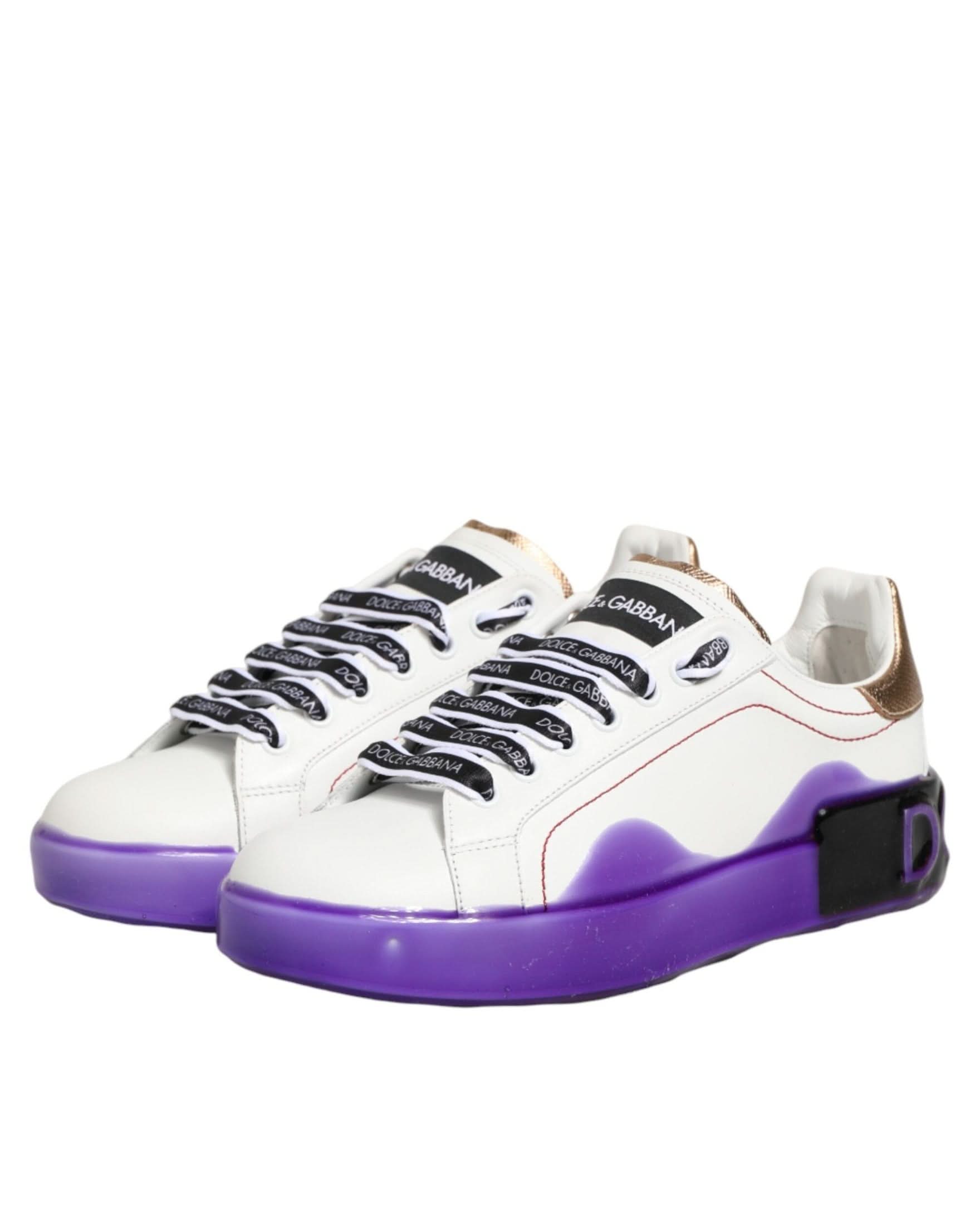 Dolce & Gabbana White Leather Purple Low Top Sneaker Shoes Sneakers
