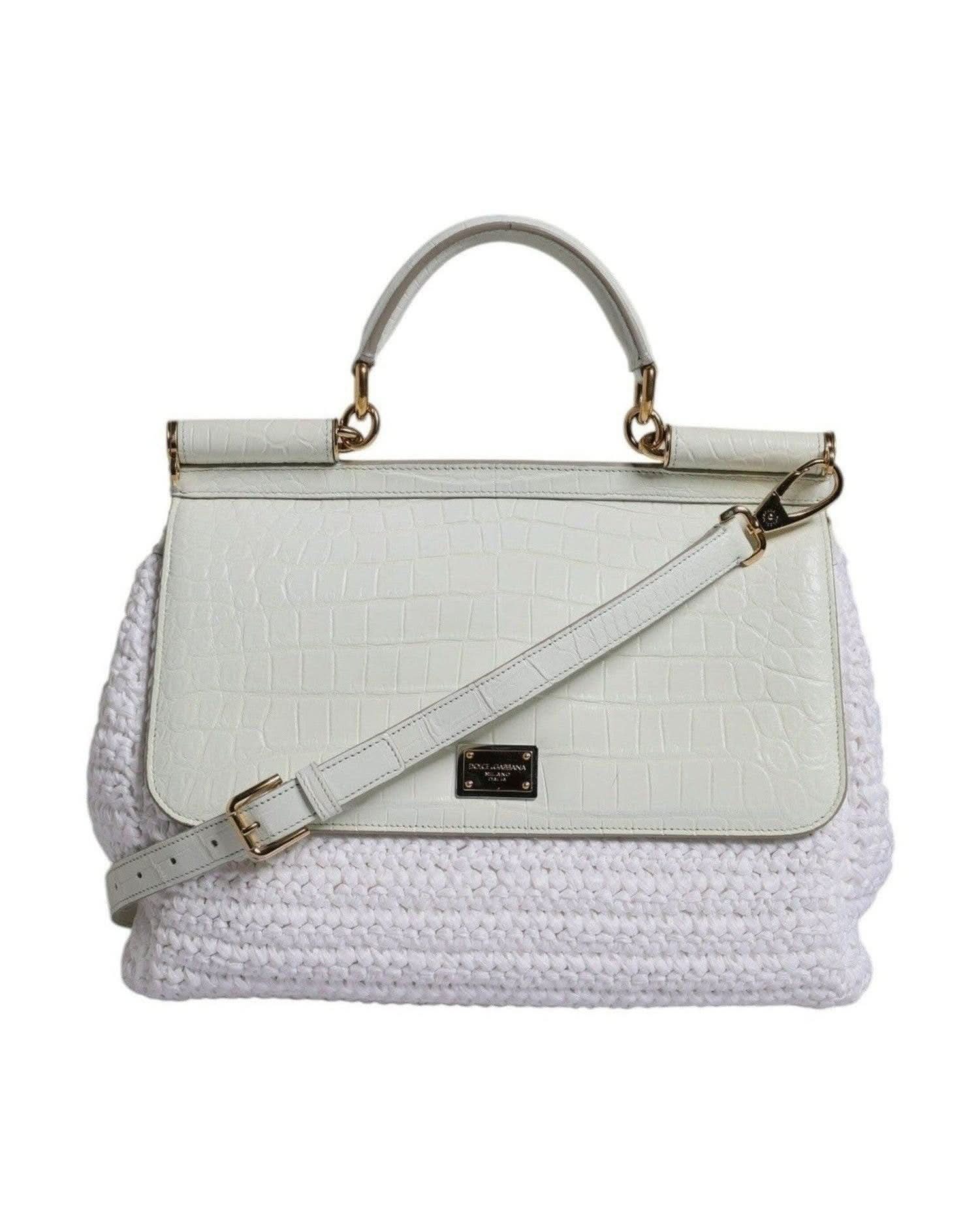 Dolce & Gabbana White Leather Rafia Top Handle Crossbody Bag Cross Body Bags